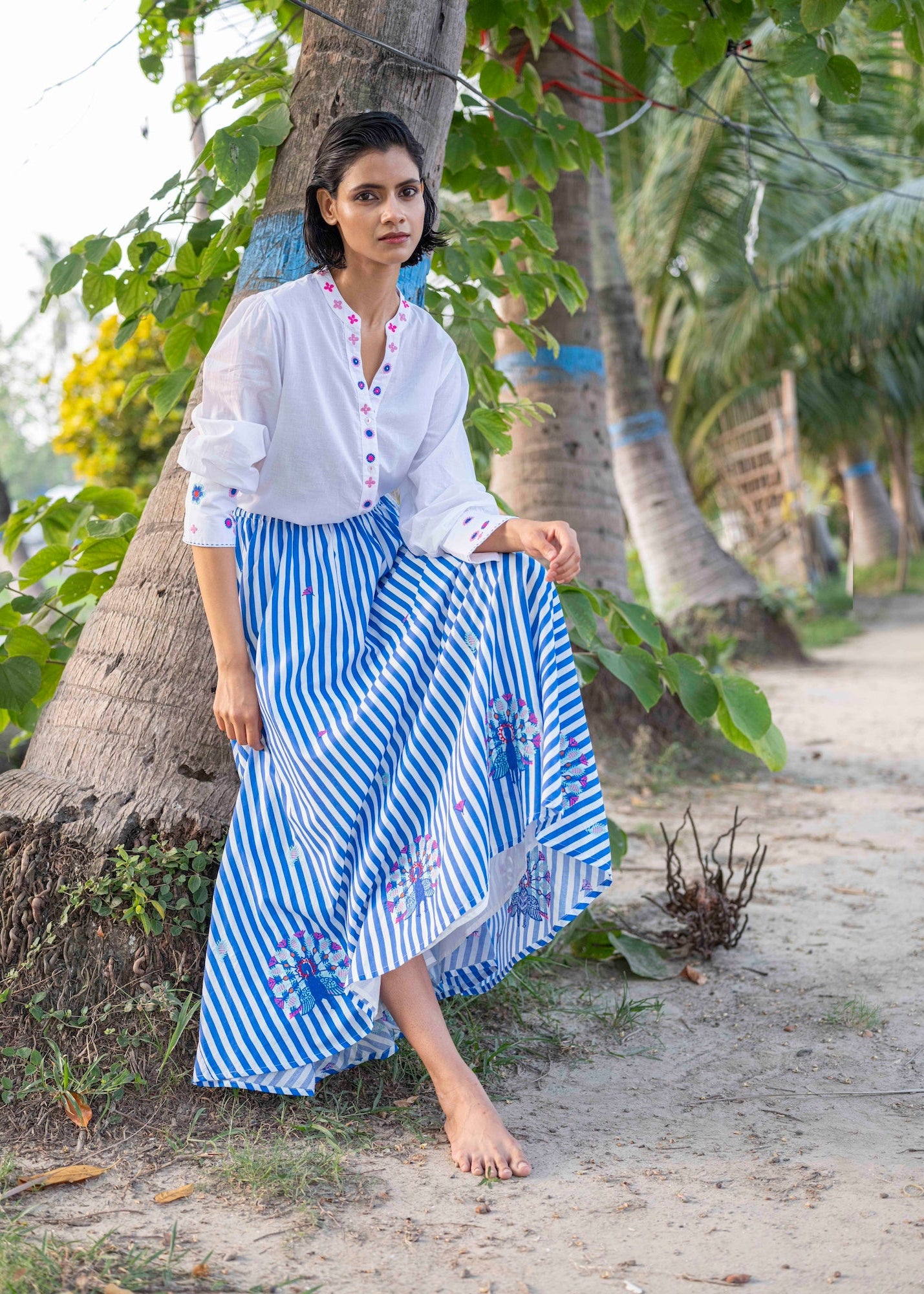 Vanilla Striped Peacock Embroidery Skirt