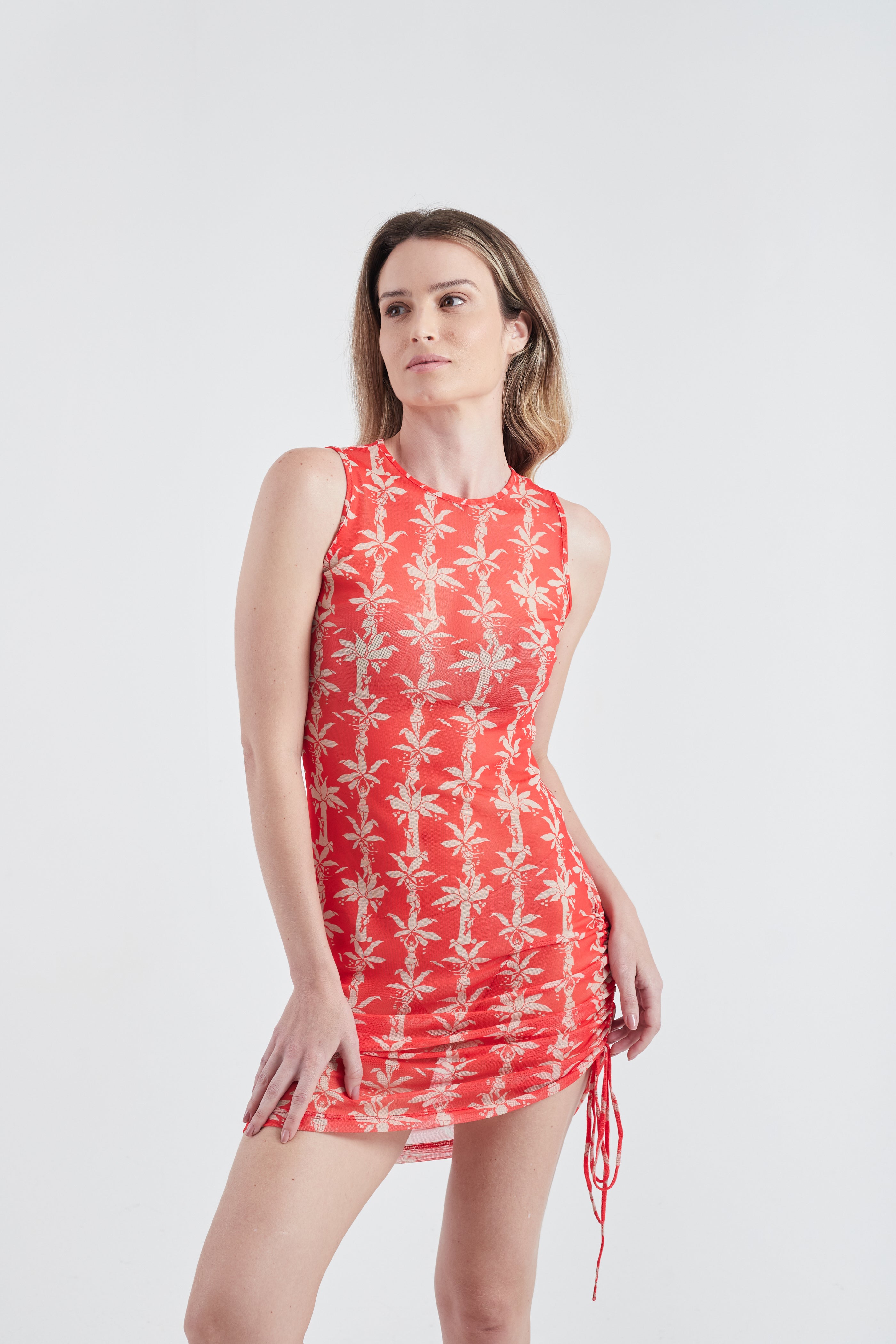 Red Fauna and Flora Draped Mini Dress