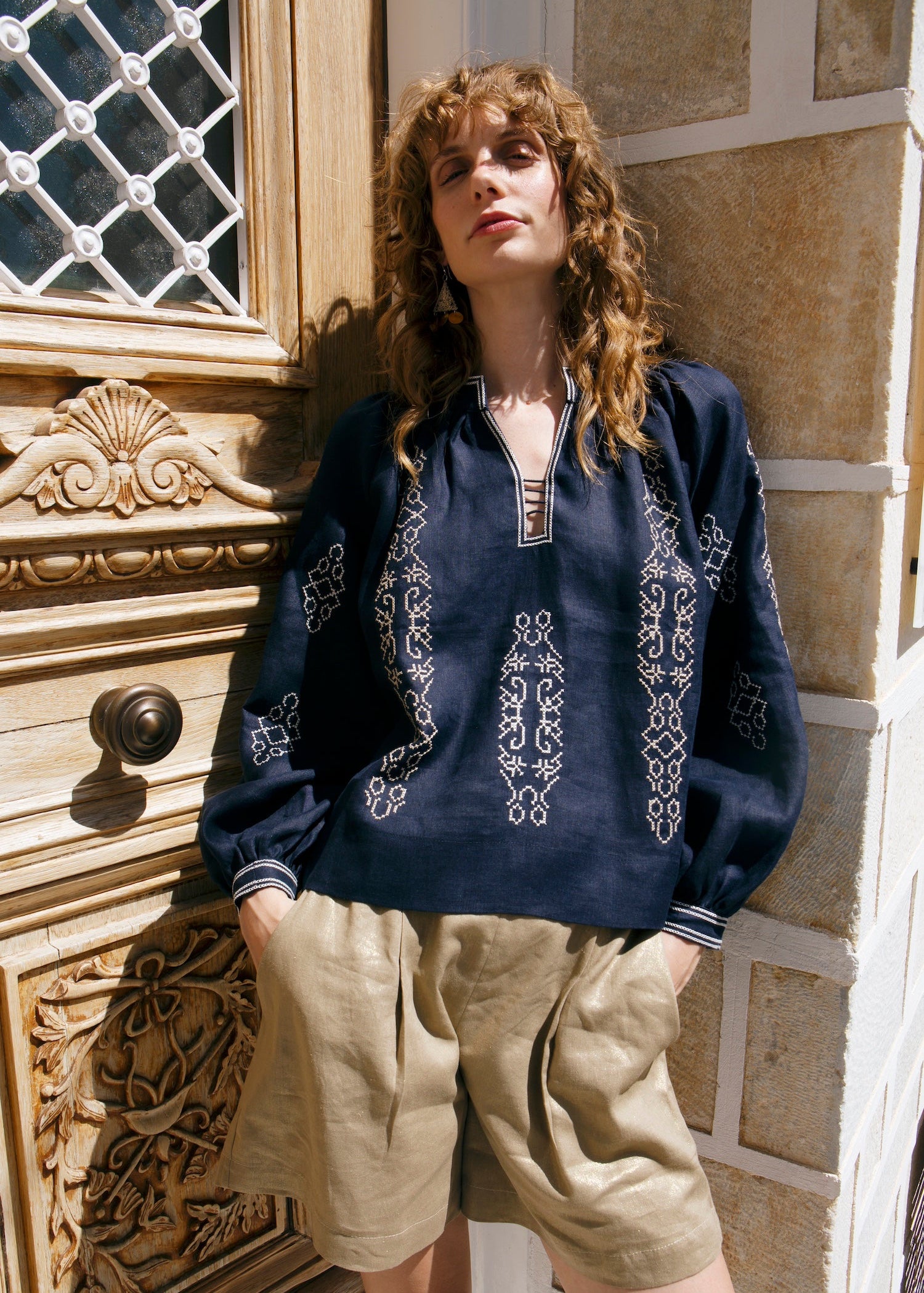 Argini Embroidered Navy Blue Blouse