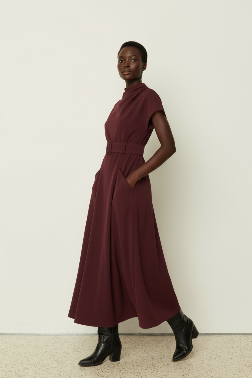 Woman wearing a burgundy dress with a belt against a white background