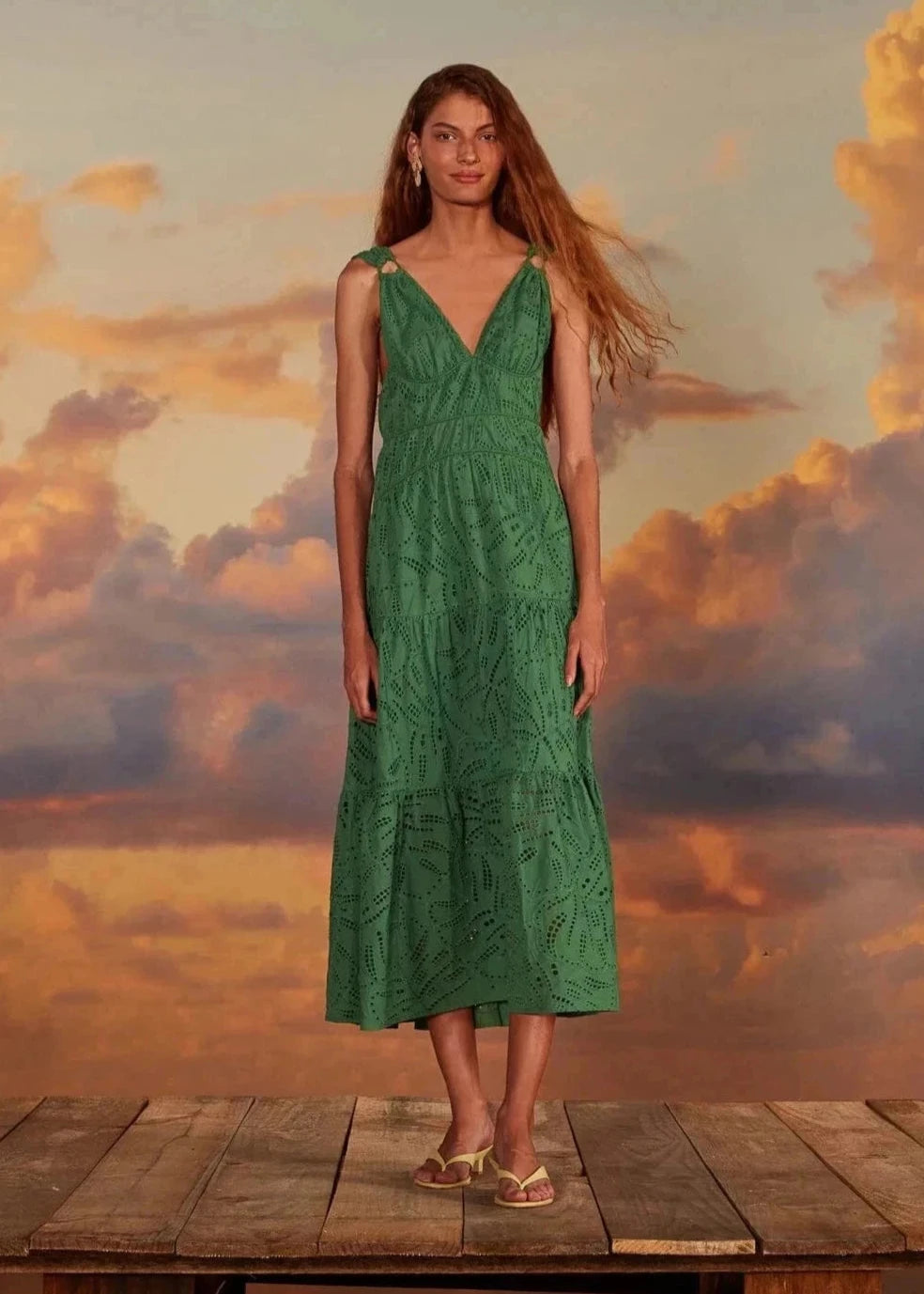 Green Monstera Corset Tiered Maxi Dress
