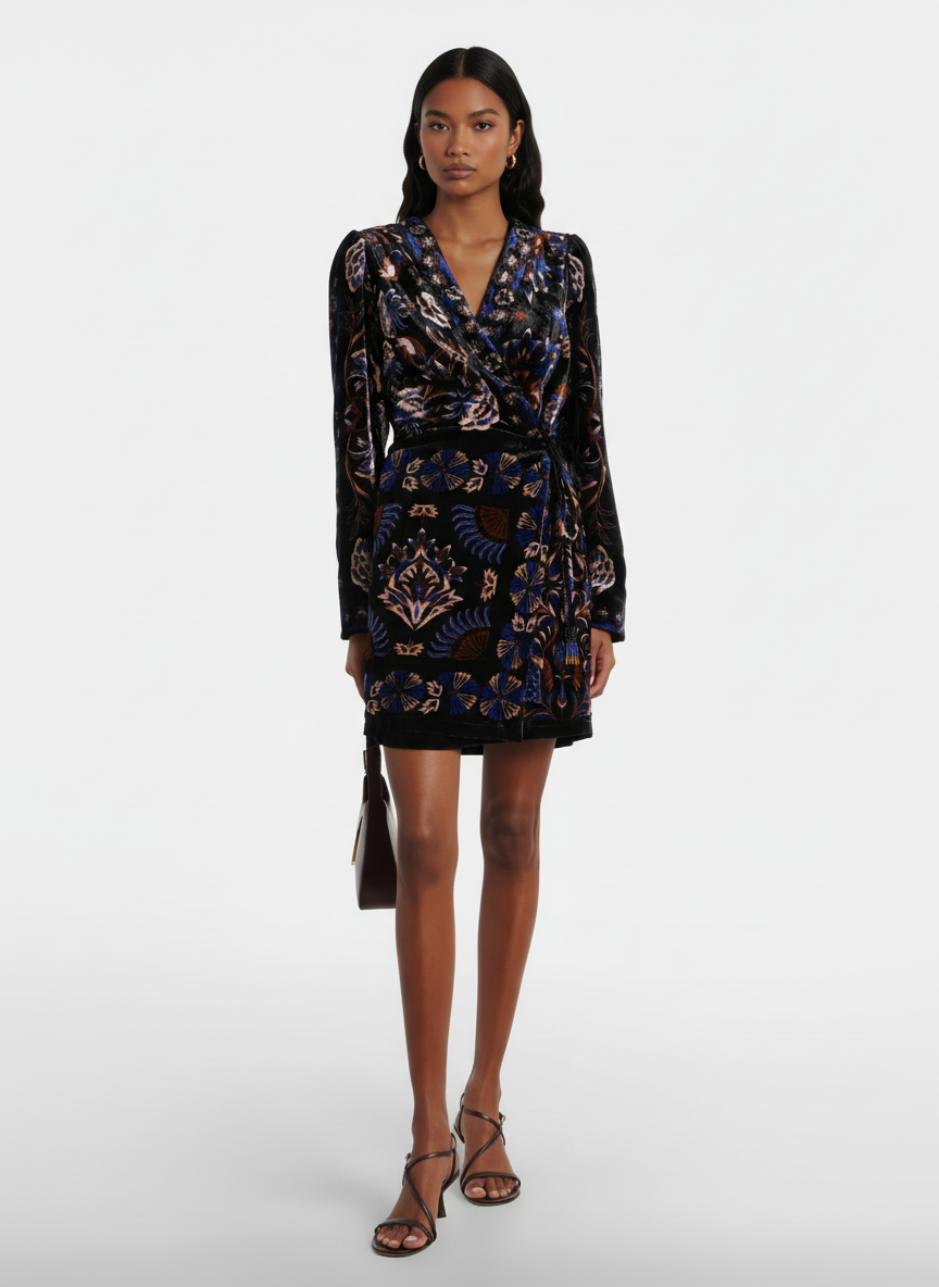 Arabesque Mix Scarves Black Wrap Mini Dress