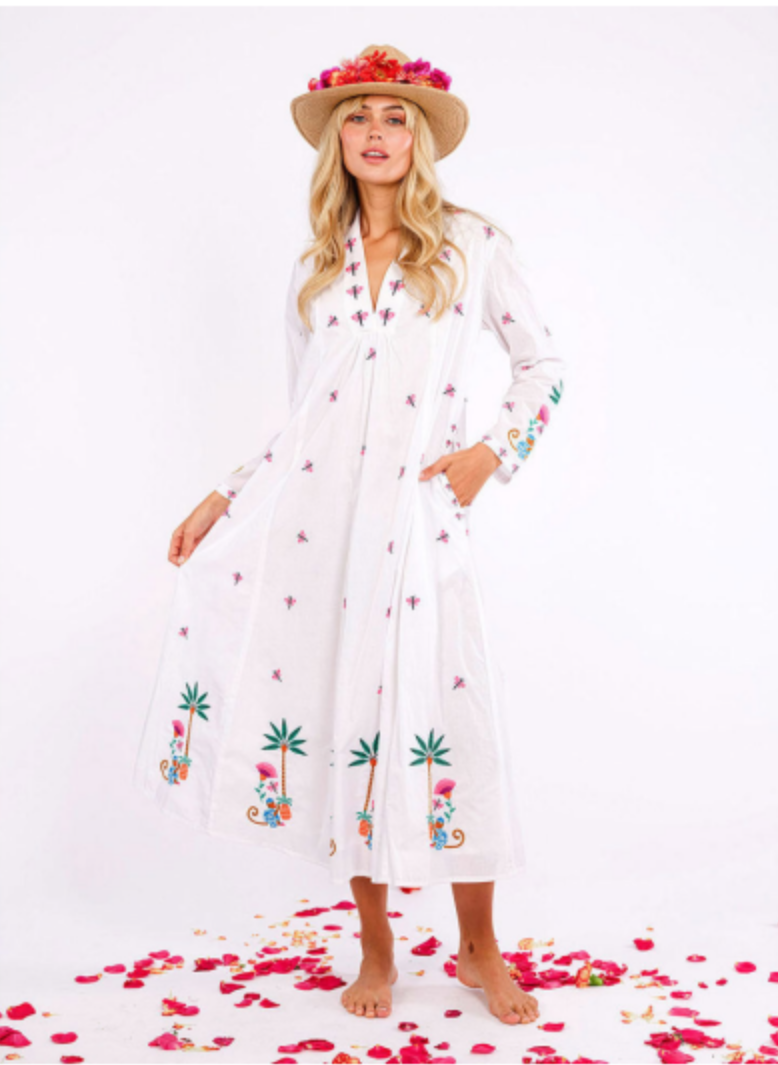 Sandalwood White/Monkey Embroidery Dress