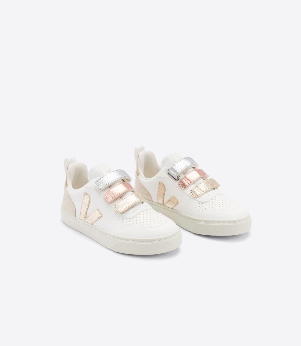  Veja Kids-Small V-10 Chromefree Leather Multico White Shiny-Justbrazil