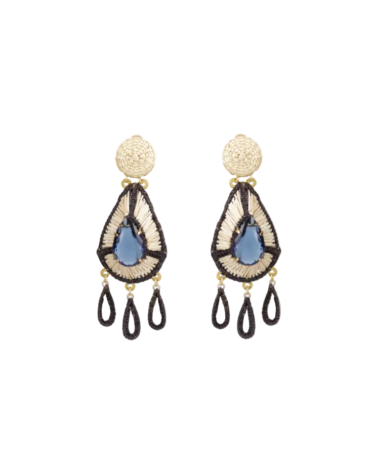 Pair of earrings with teardrop design and blue center on a white background