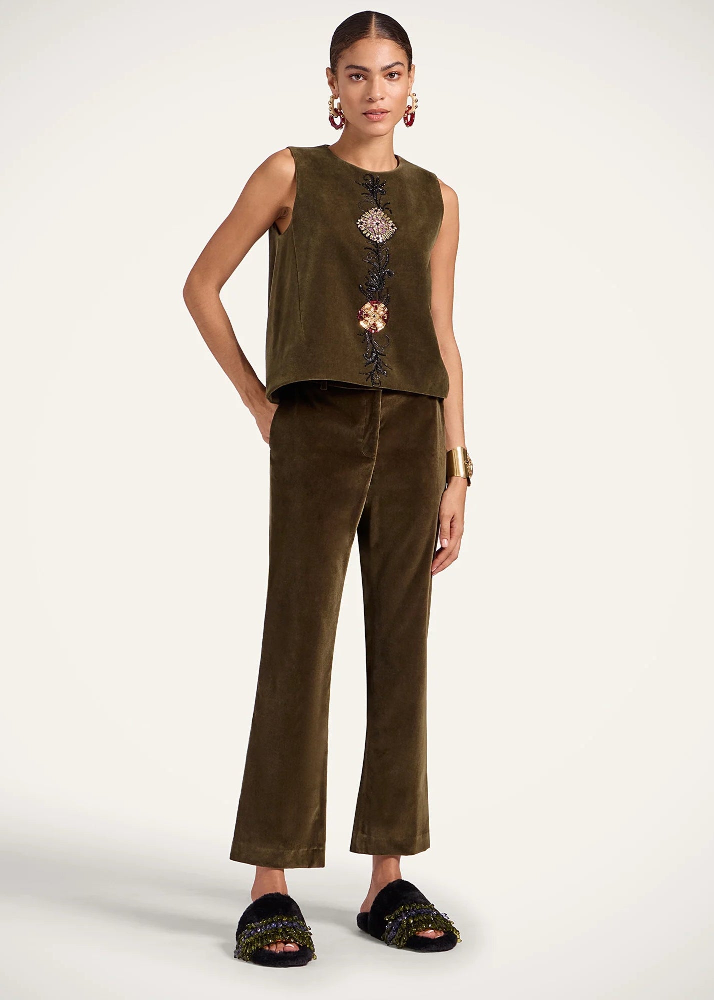 Coat Velvet Solid Moss Green Flare Pants