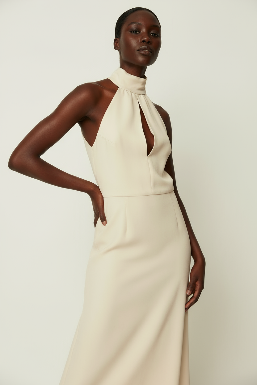 Woman wearing a beige halter neck top against a plain background