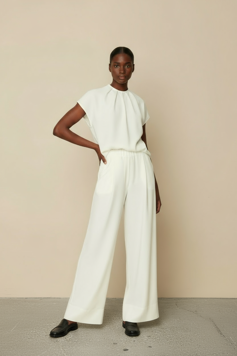 Person wearing a white outfit with wide-leg pants against a plain background