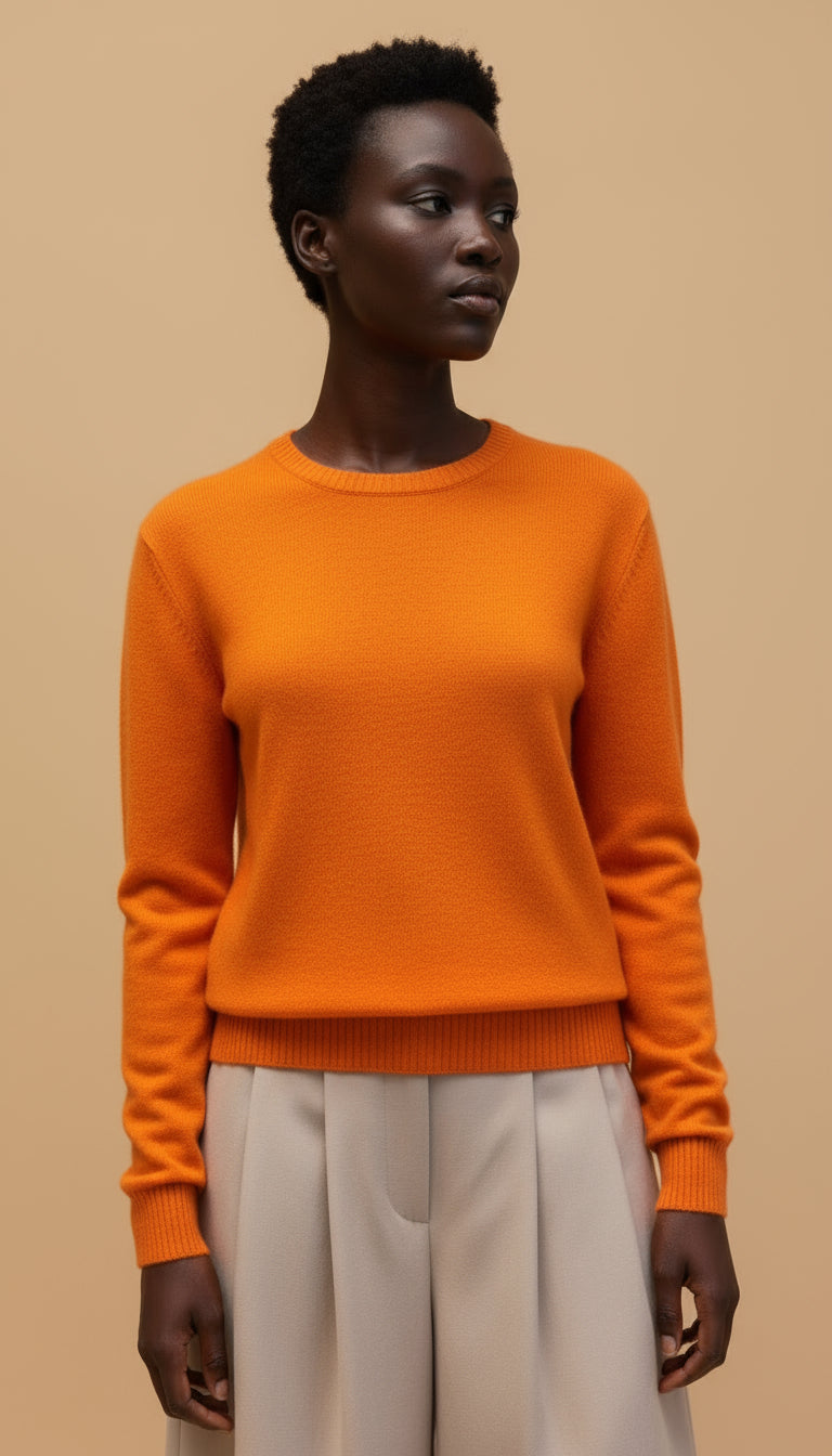 Person wearing an orange sweater standing 