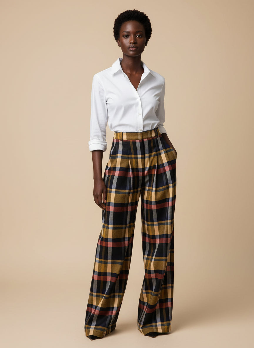 Plaid pants on a mannequin against a white wall.