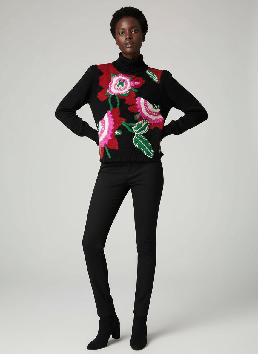 Black sweater with pink floral patterns 