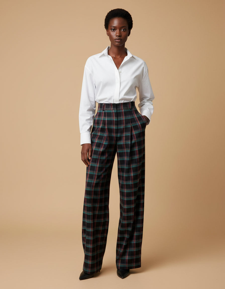 Plaid pants displayed on a mannequin in a store setting.