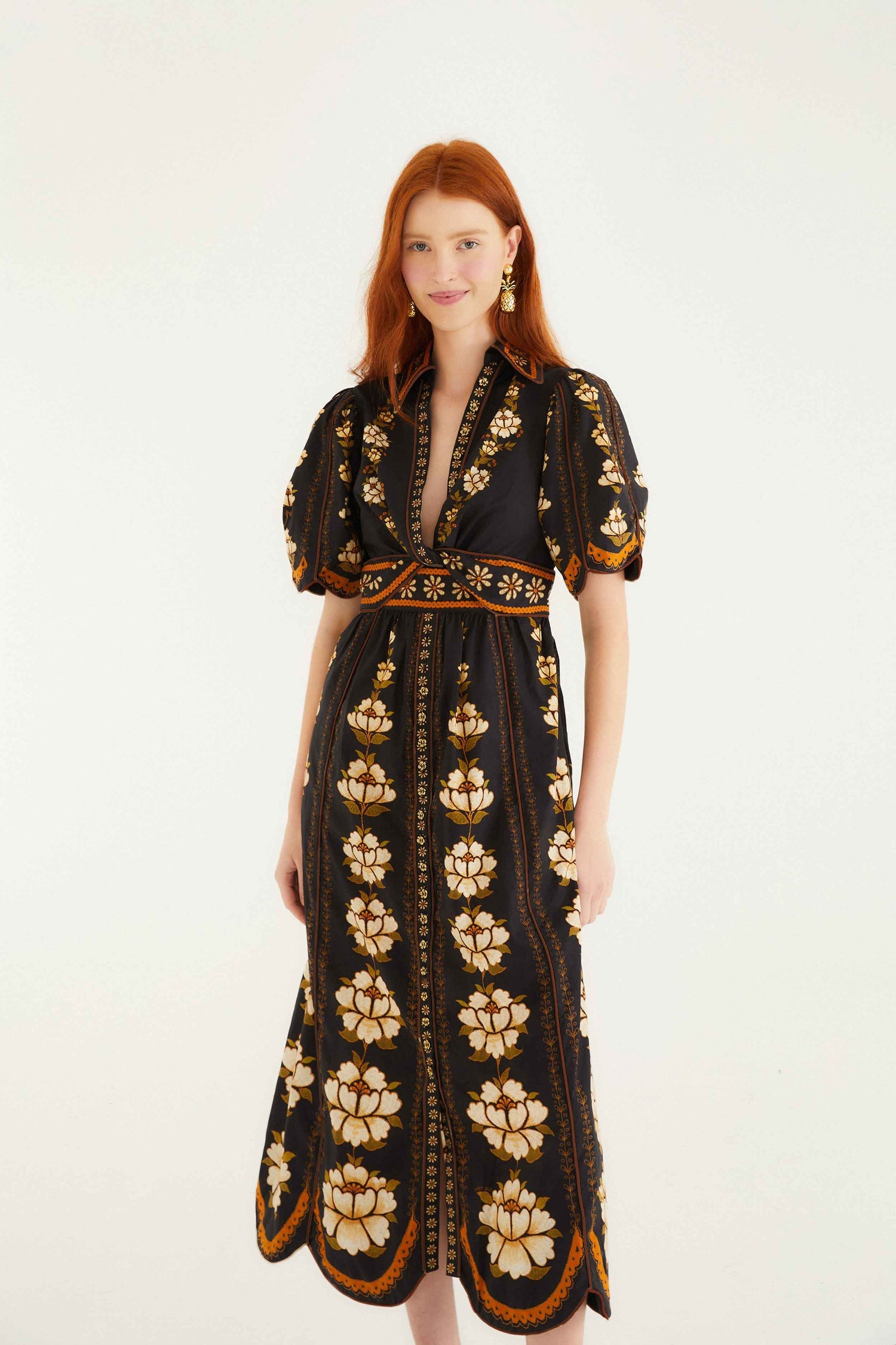 Embroidered Flowers Black Topstitching Midi Dress