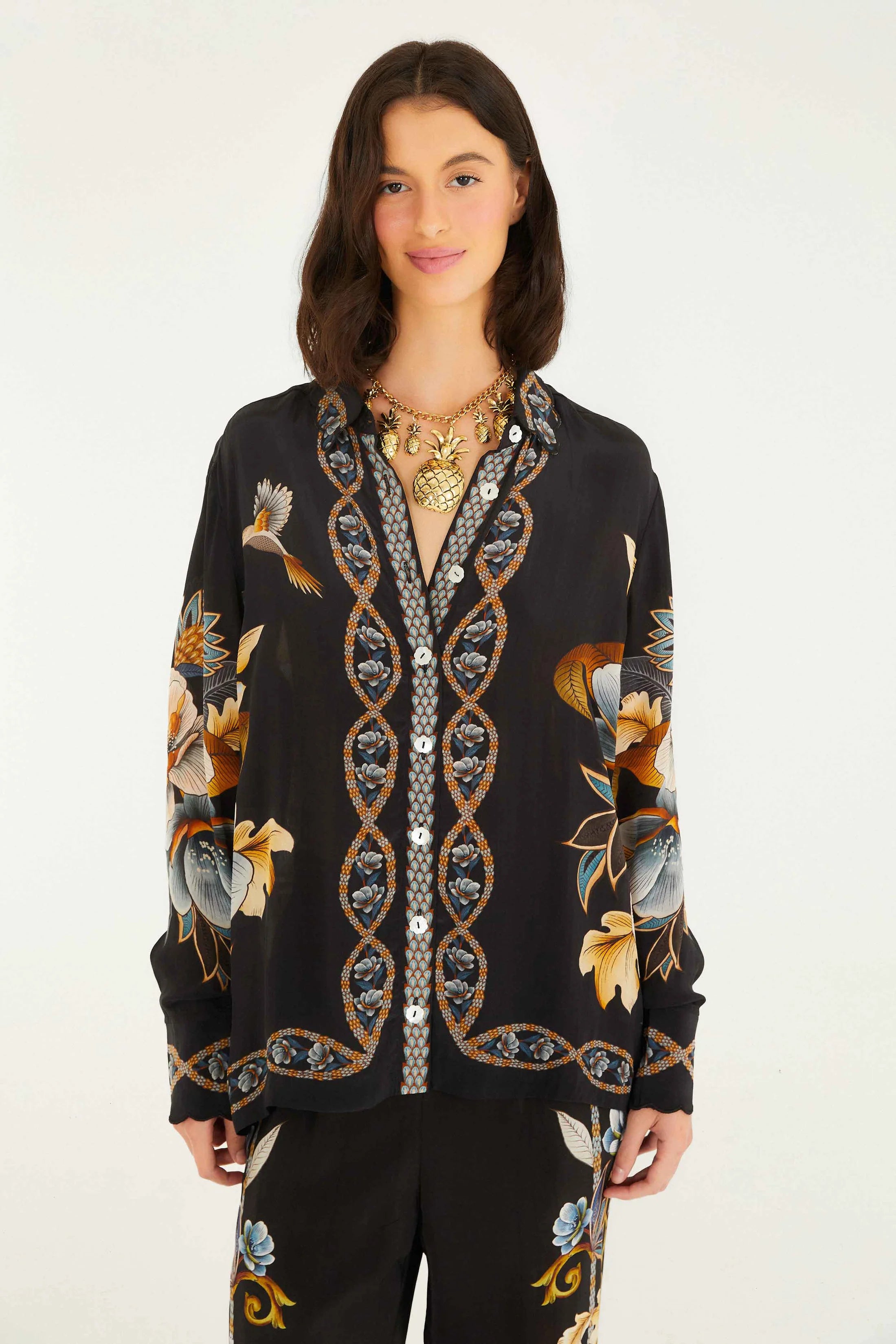 Snake Floral Black Pajama Shirt