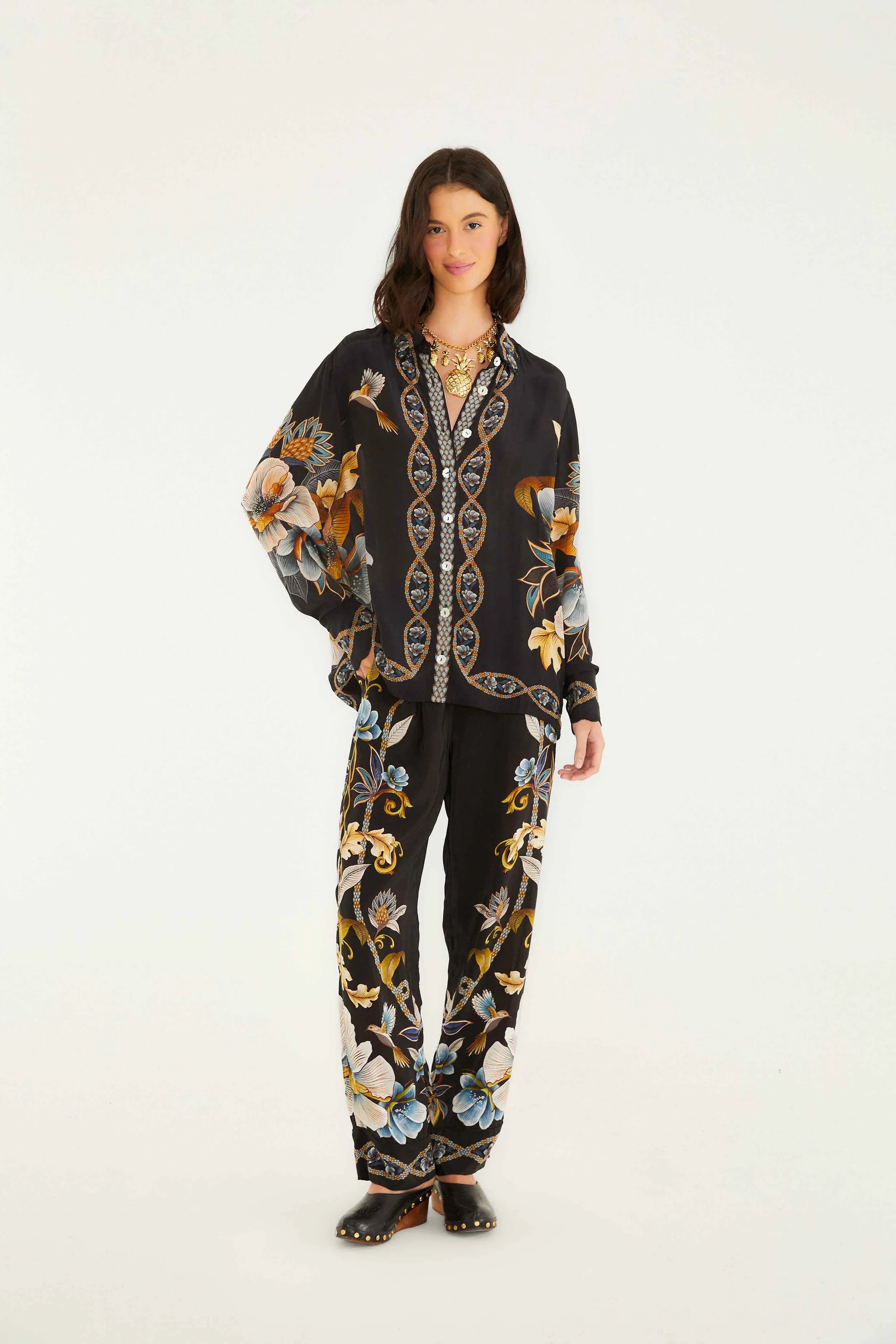 Snake Floral Black Pajama Shirt