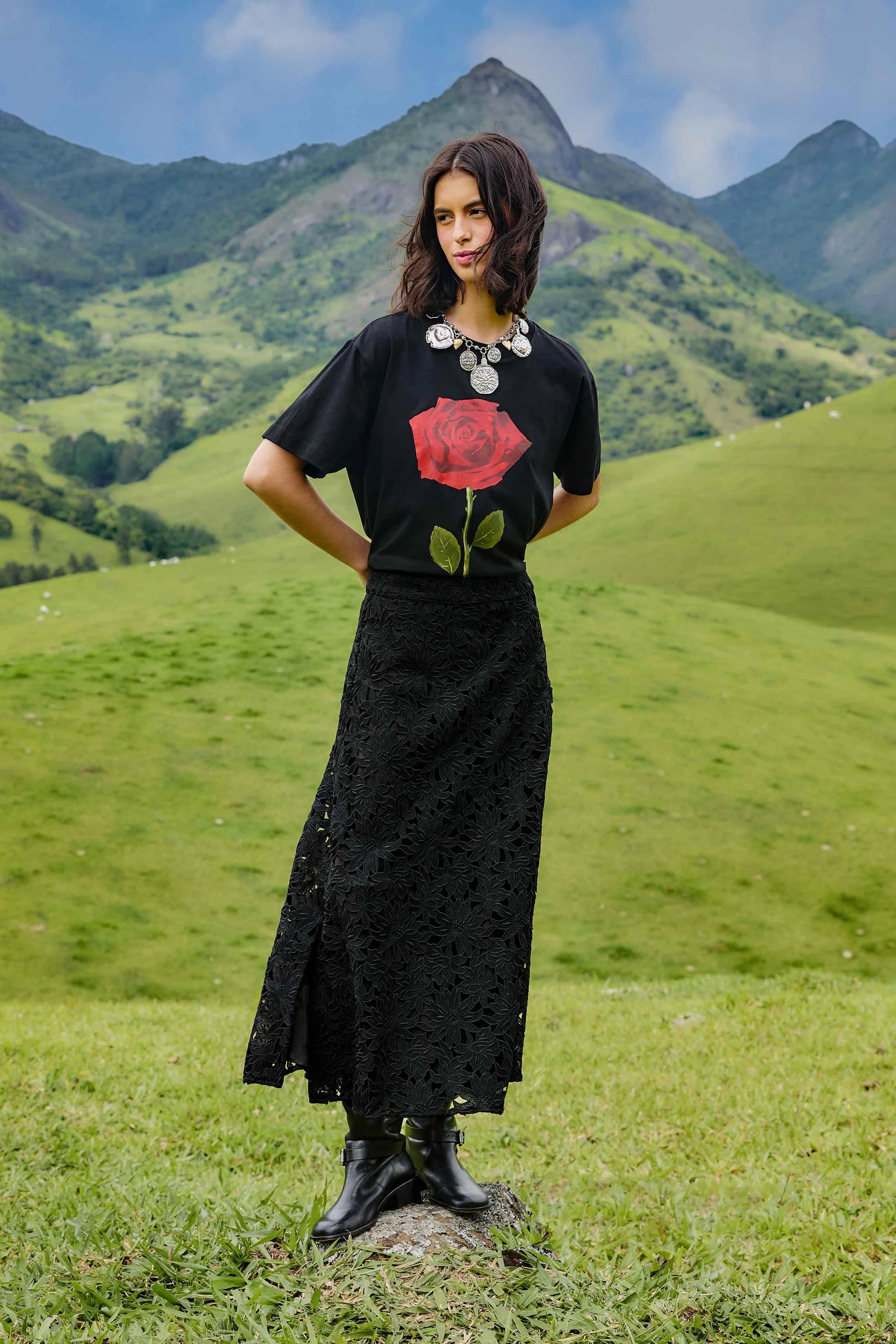 Flowered Black Lace Midi Skirt