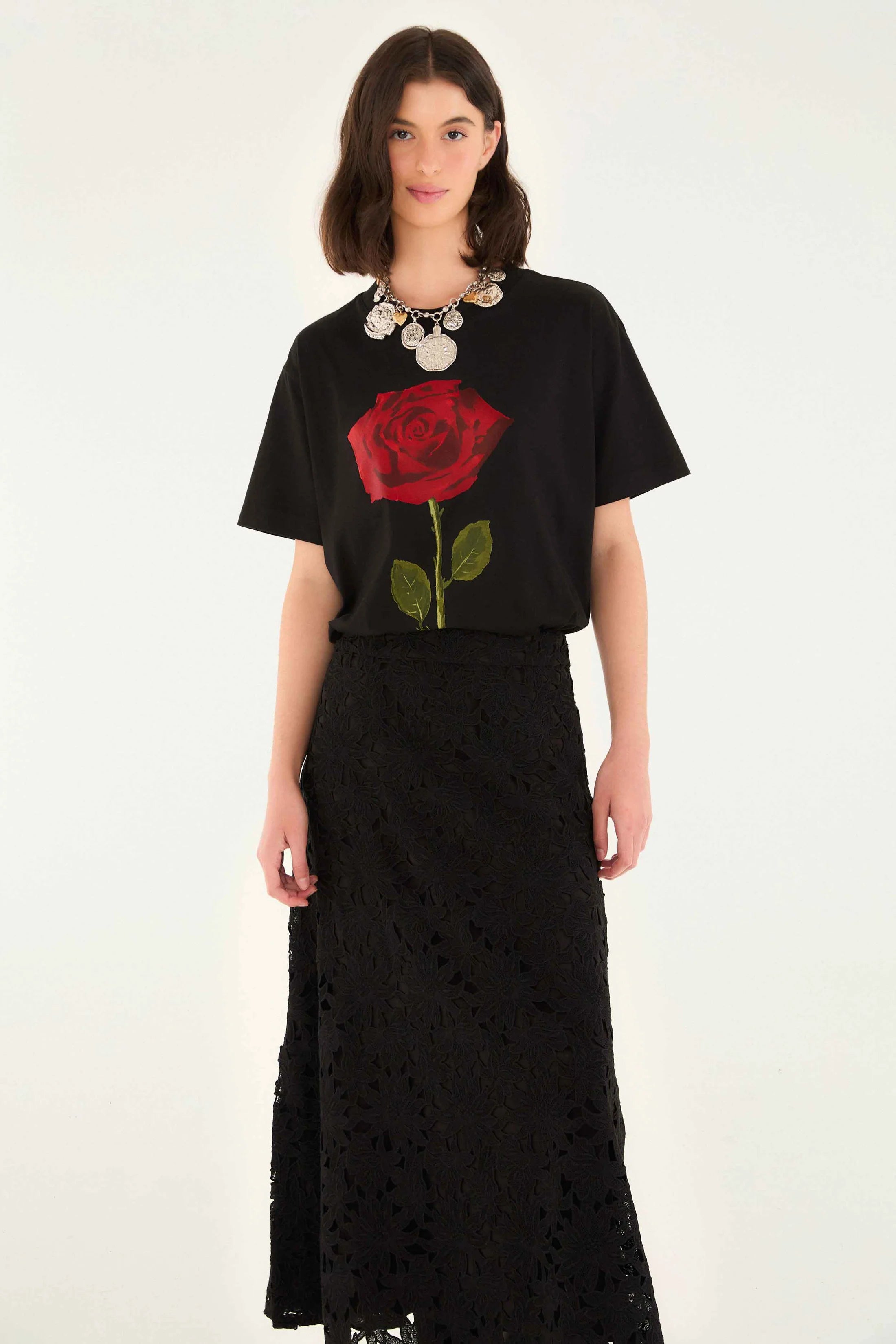 Flowered Black Lace Midi Skirt