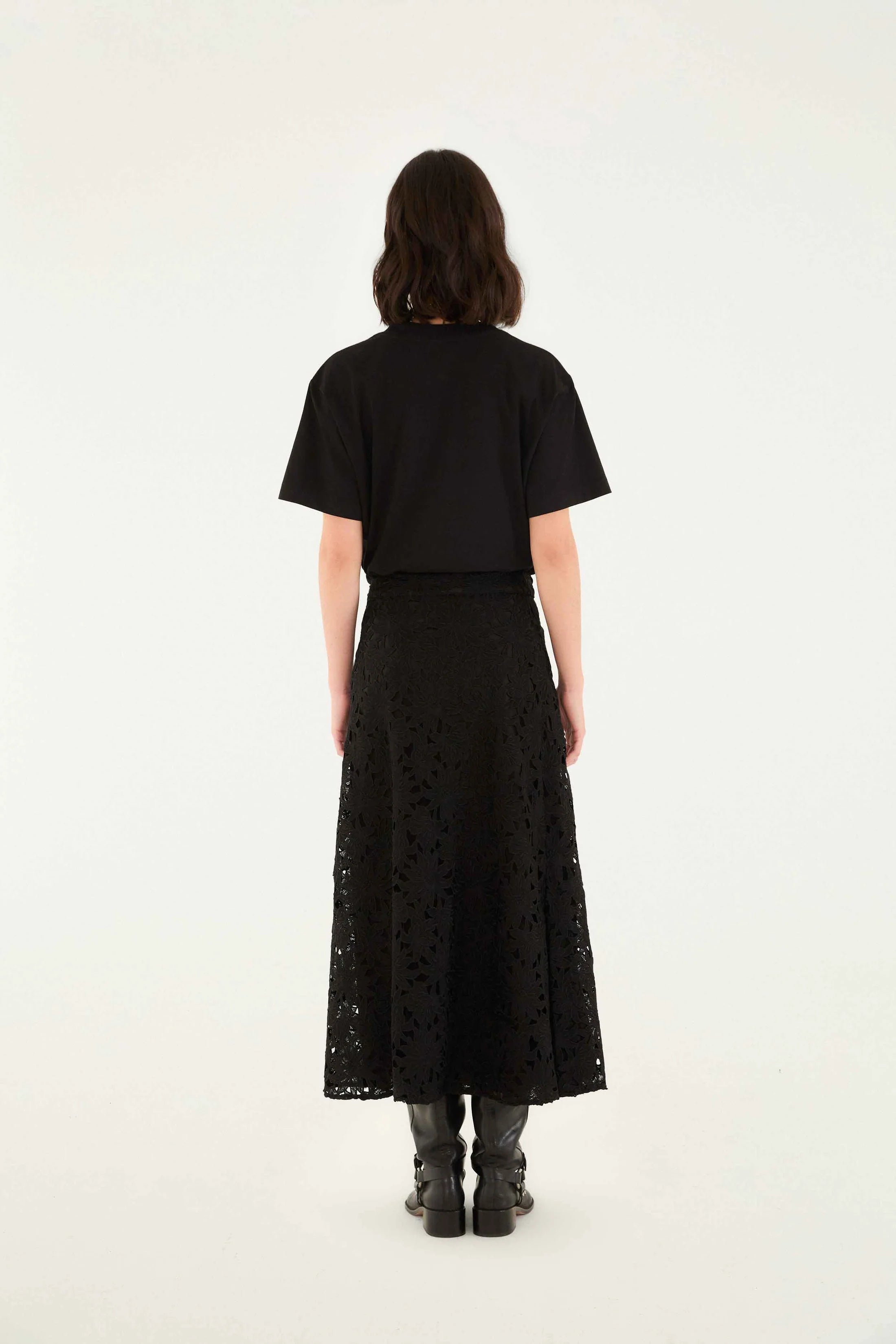Flowered Black Lace Midi Skirt