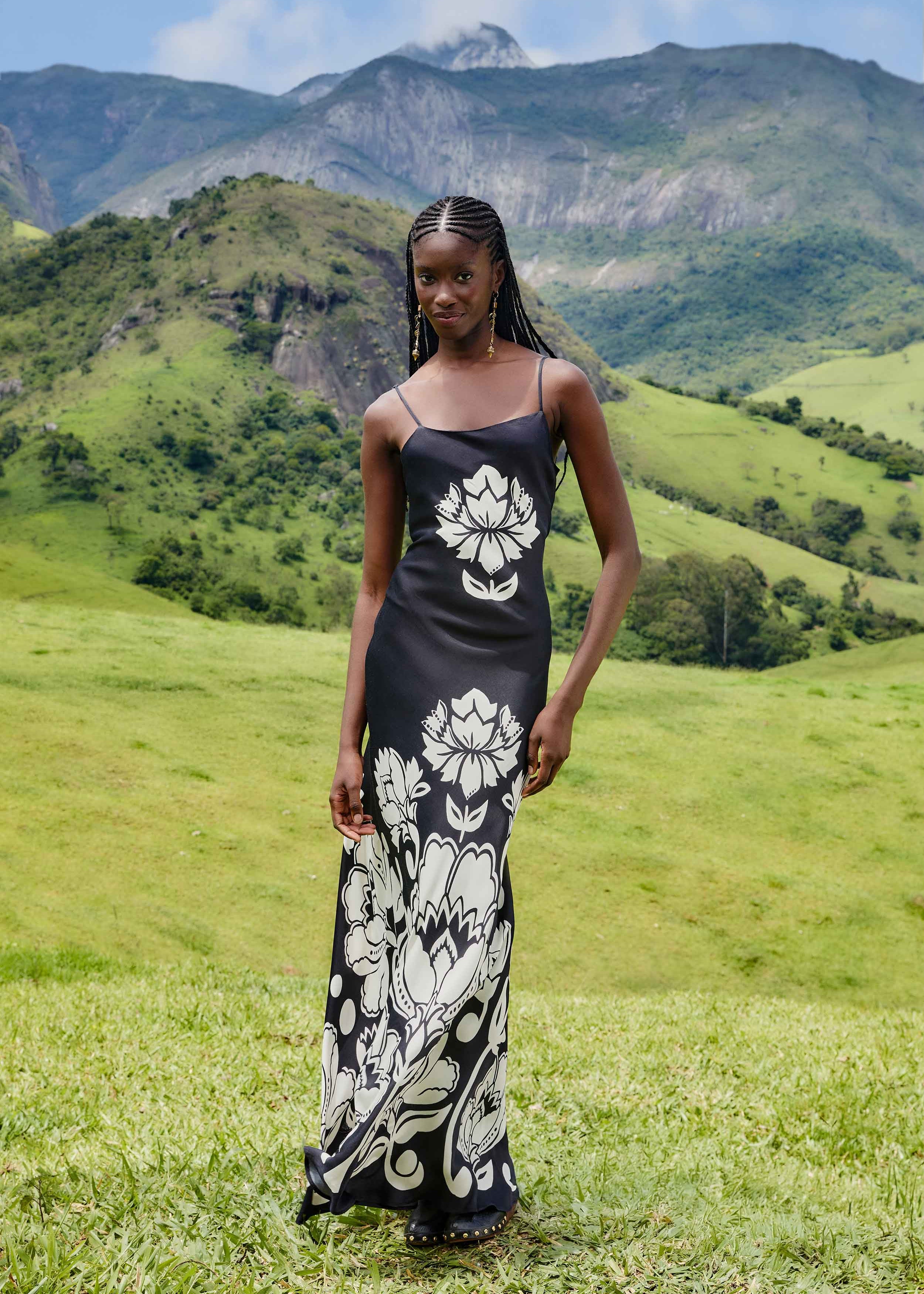 Floral Arabesque Black & White Slip Maxi Dress