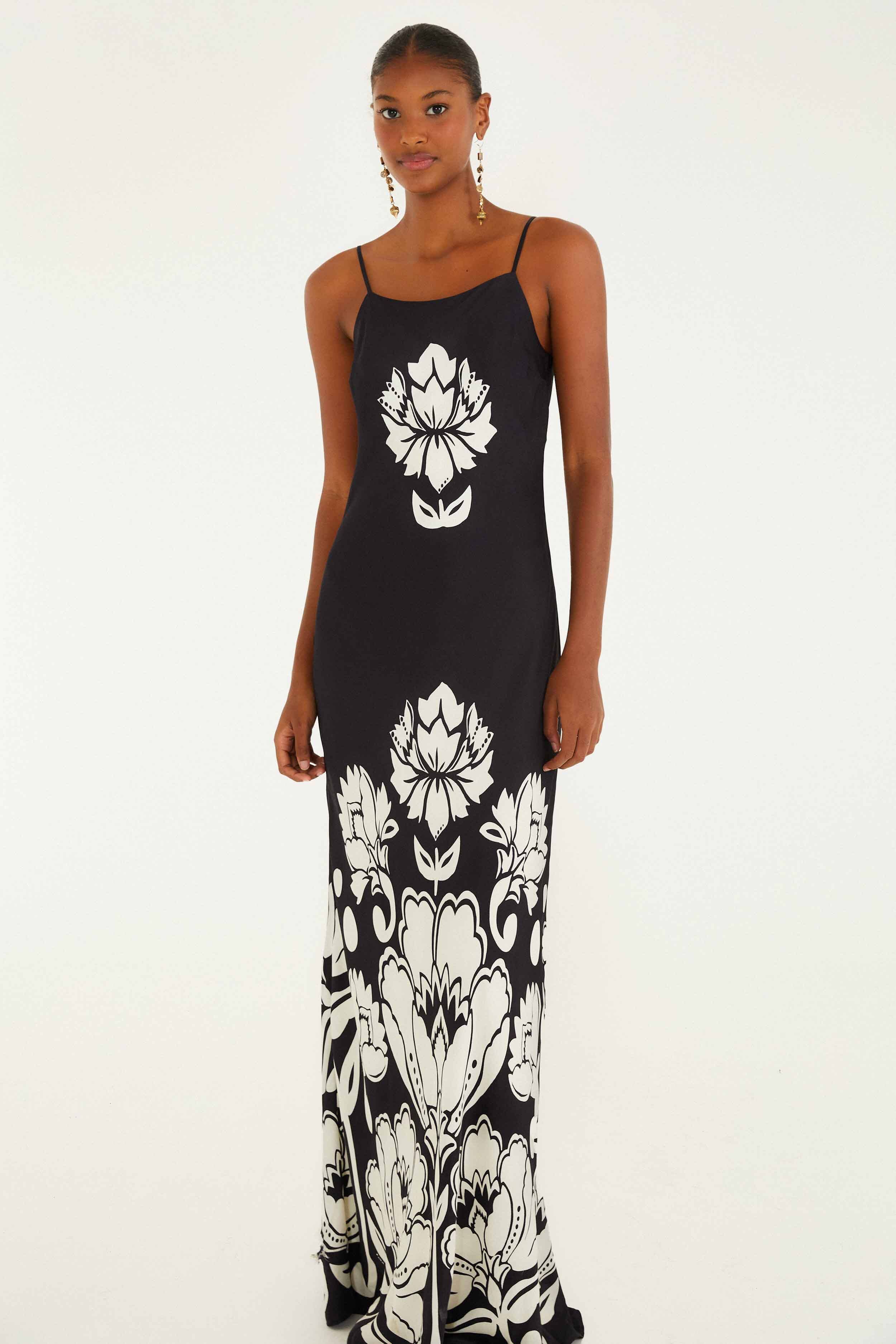 Floral Arabesque Black & White Slip Maxi Dress