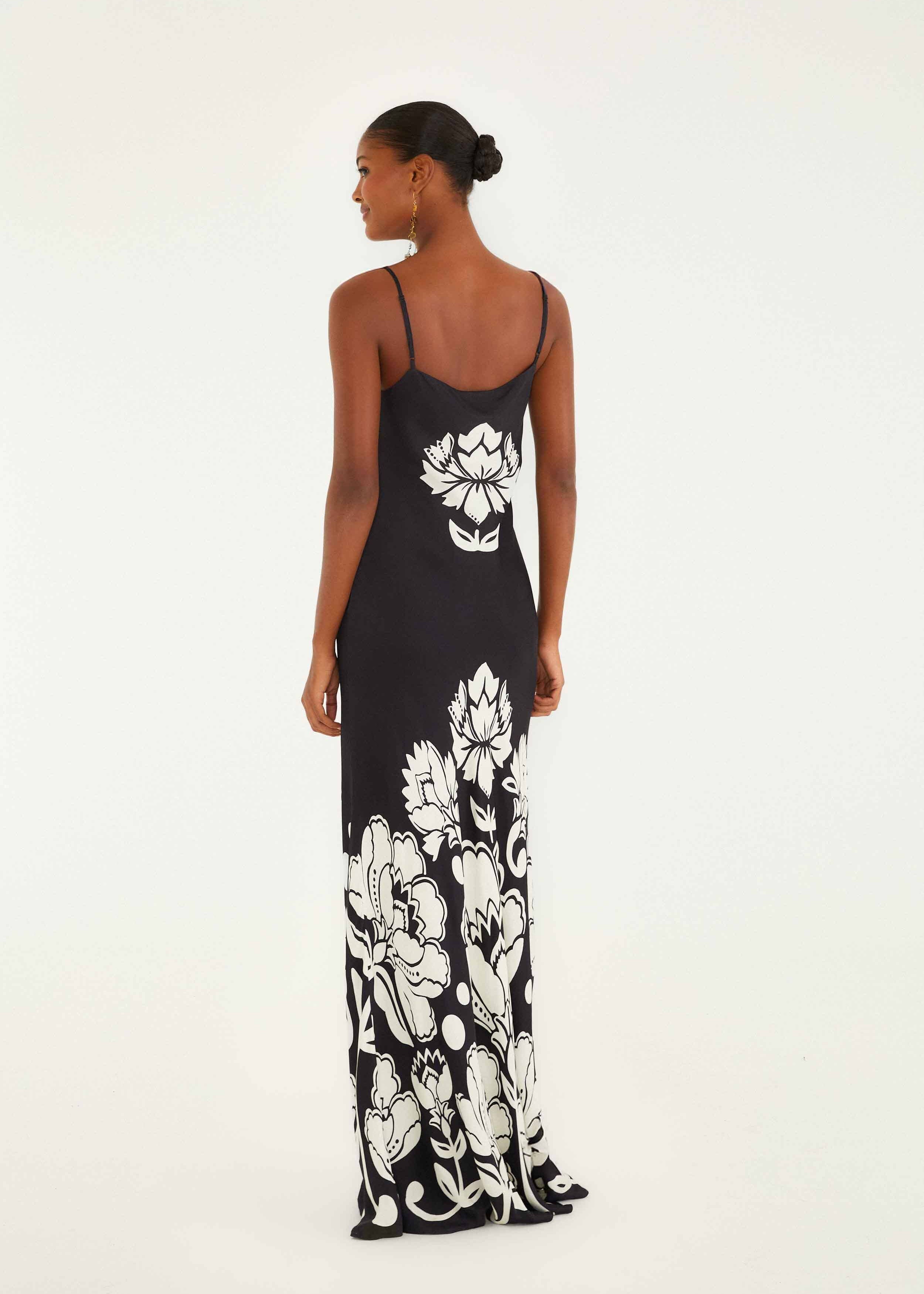 Floral Arabesque Black & White Slip Maxi Dress