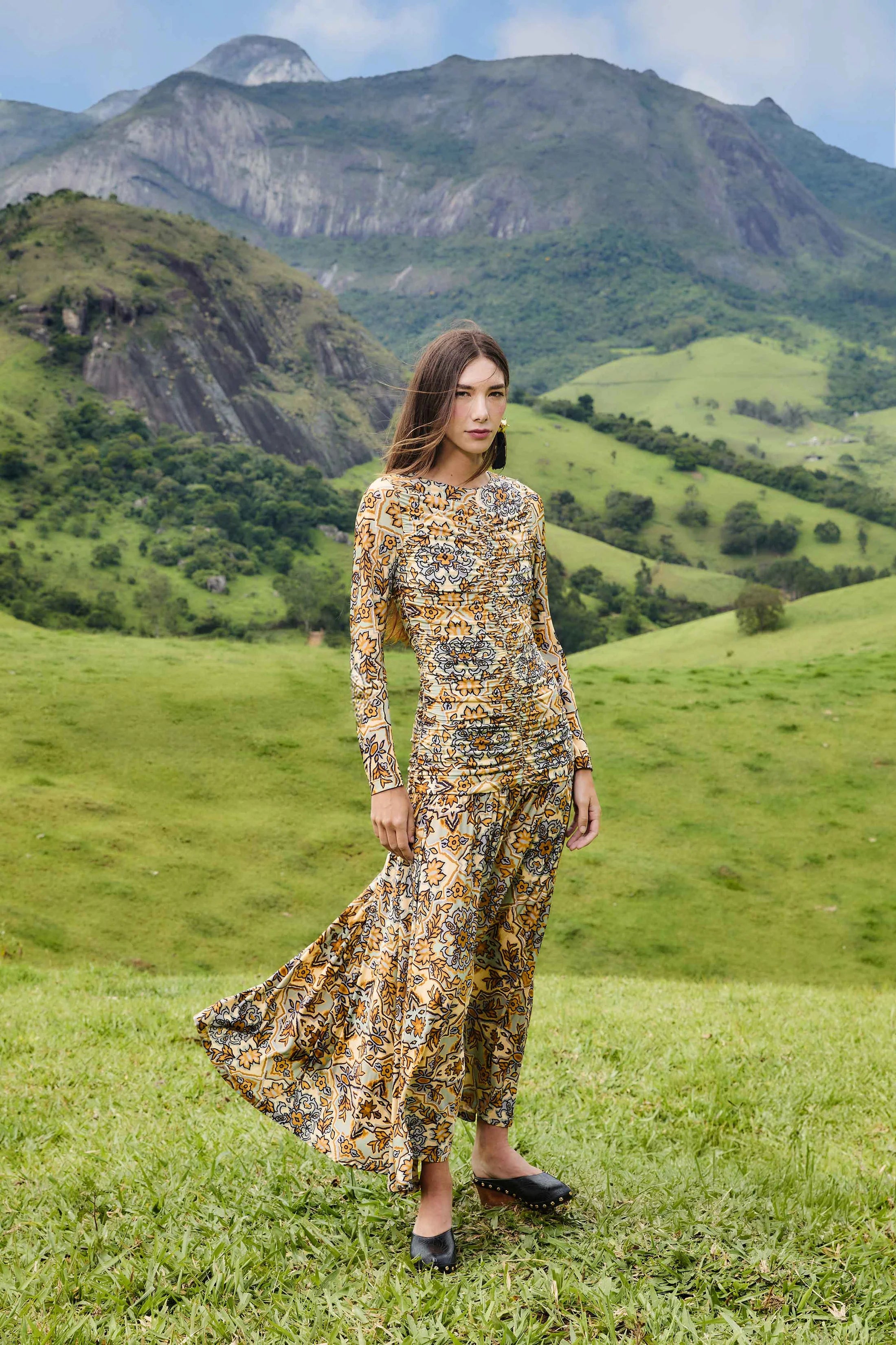 Winter Tapestry Blue Long Sleeve Maxi Dress