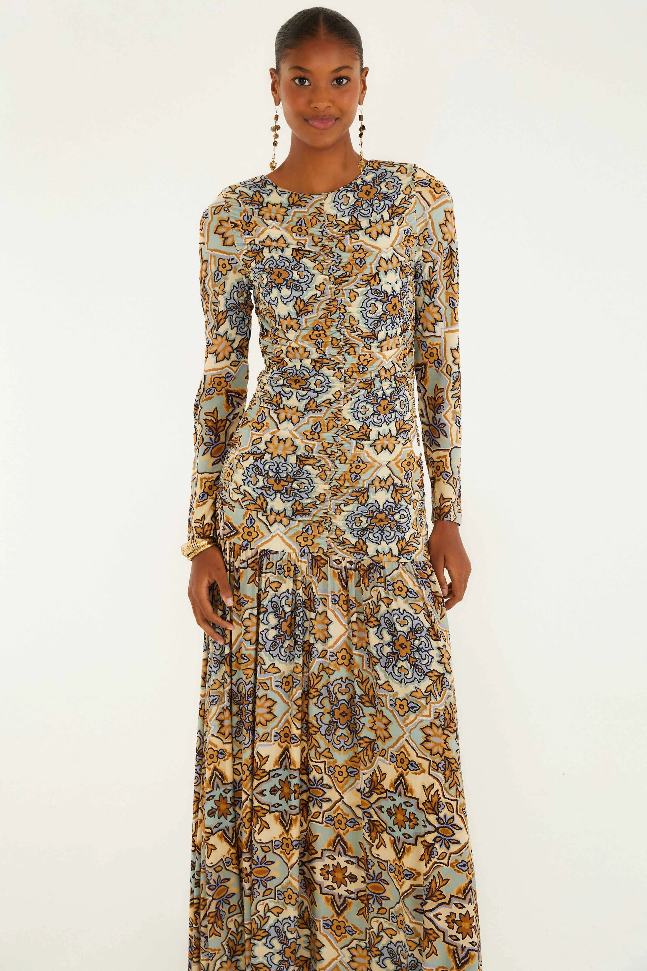 Winter Tapestry Blue Long Sleeve Maxi Dress