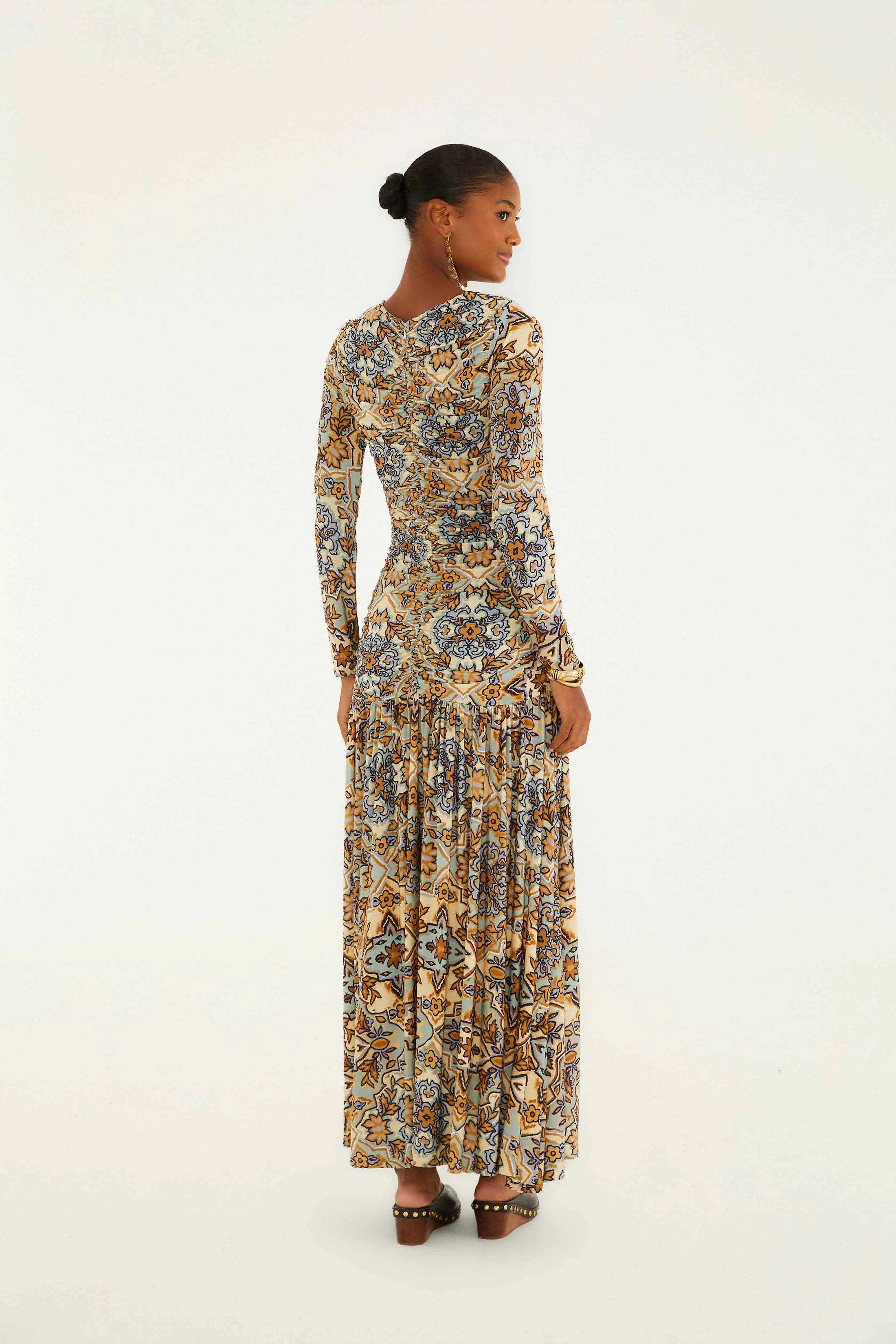 Winter Tapestry Blue Long Sleeve Maxi Dress