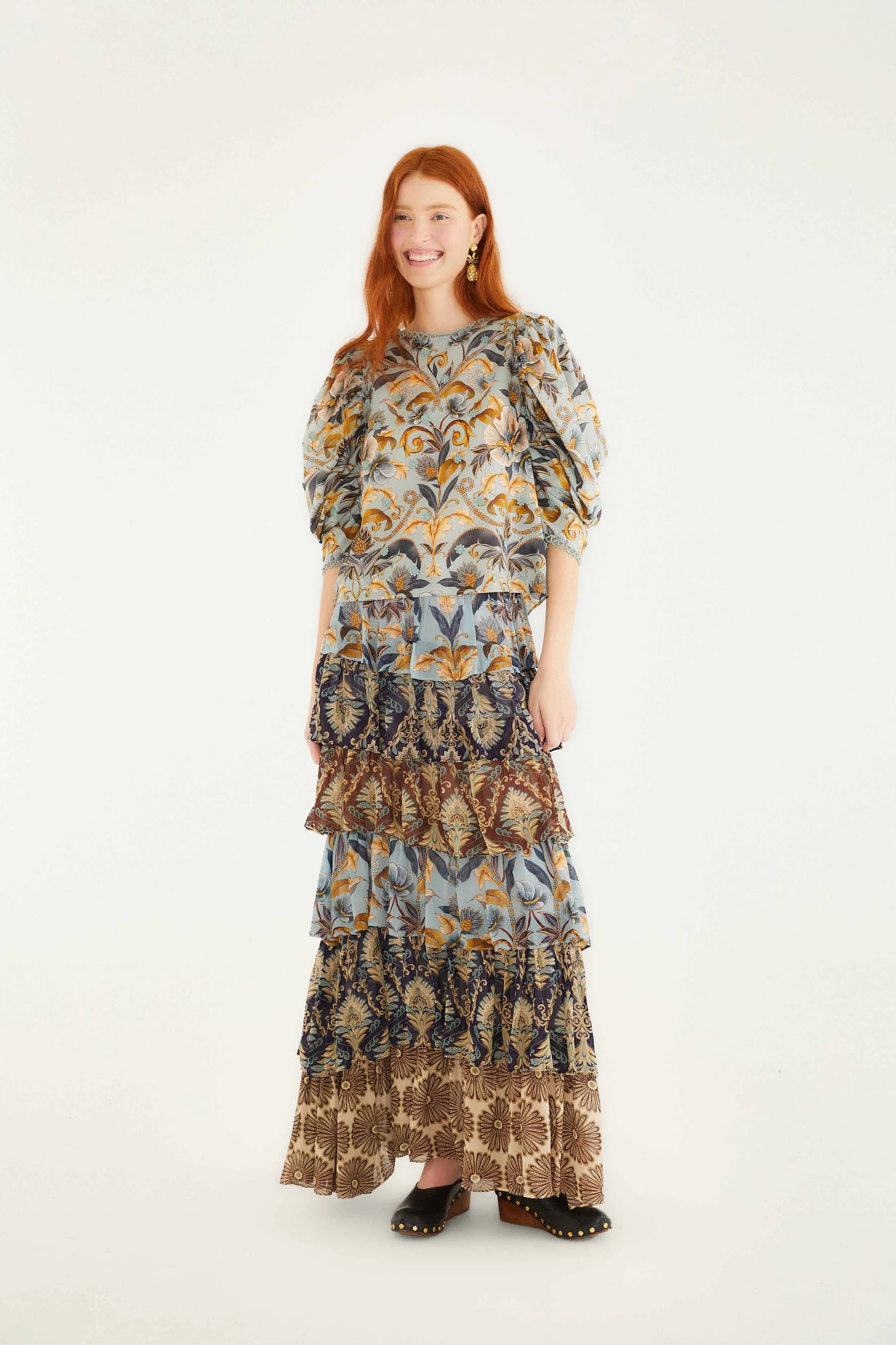 Mixed Scarf Ruffled Maxi Skirt