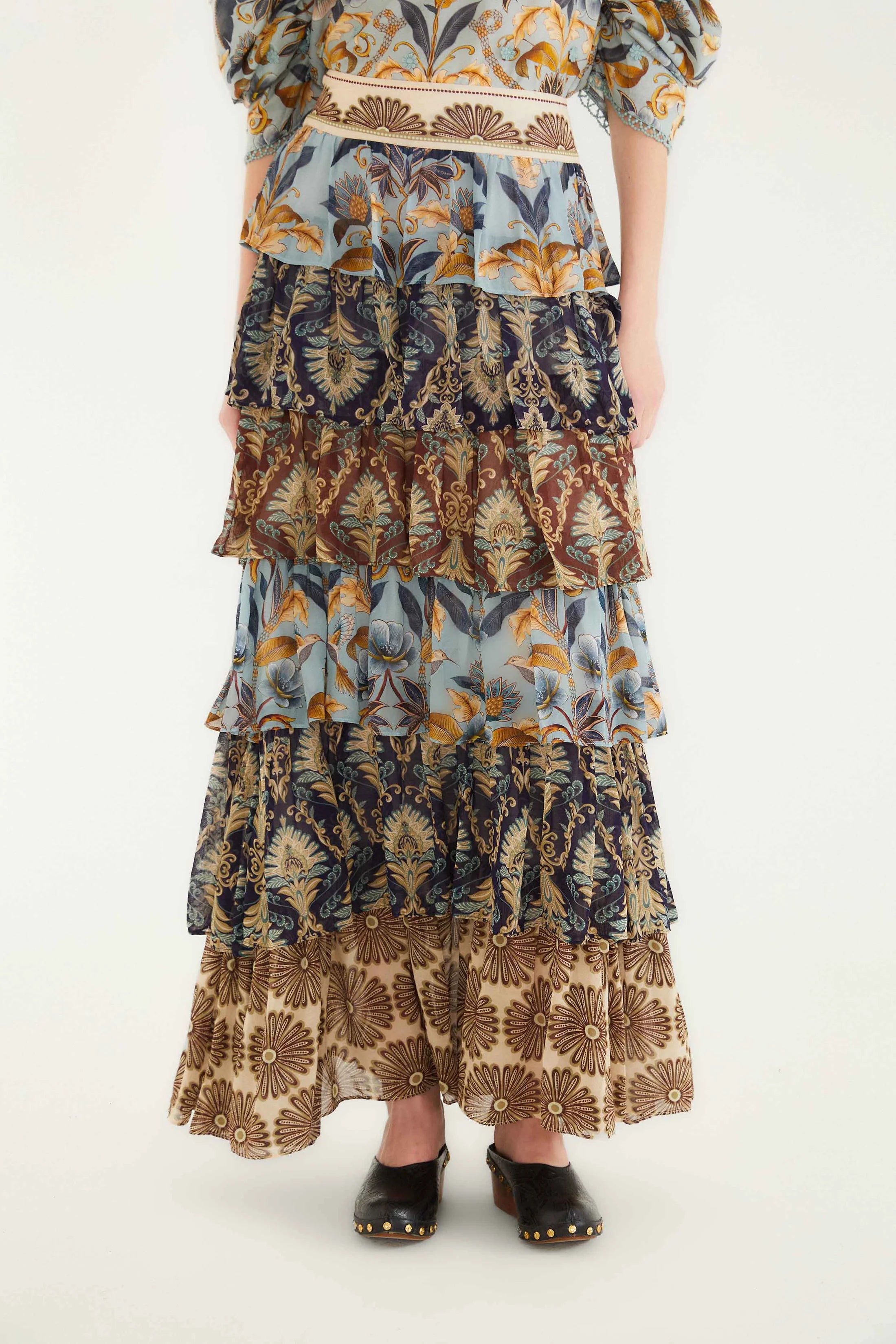 Mixed Scarf Ruffled Maxi Skirt