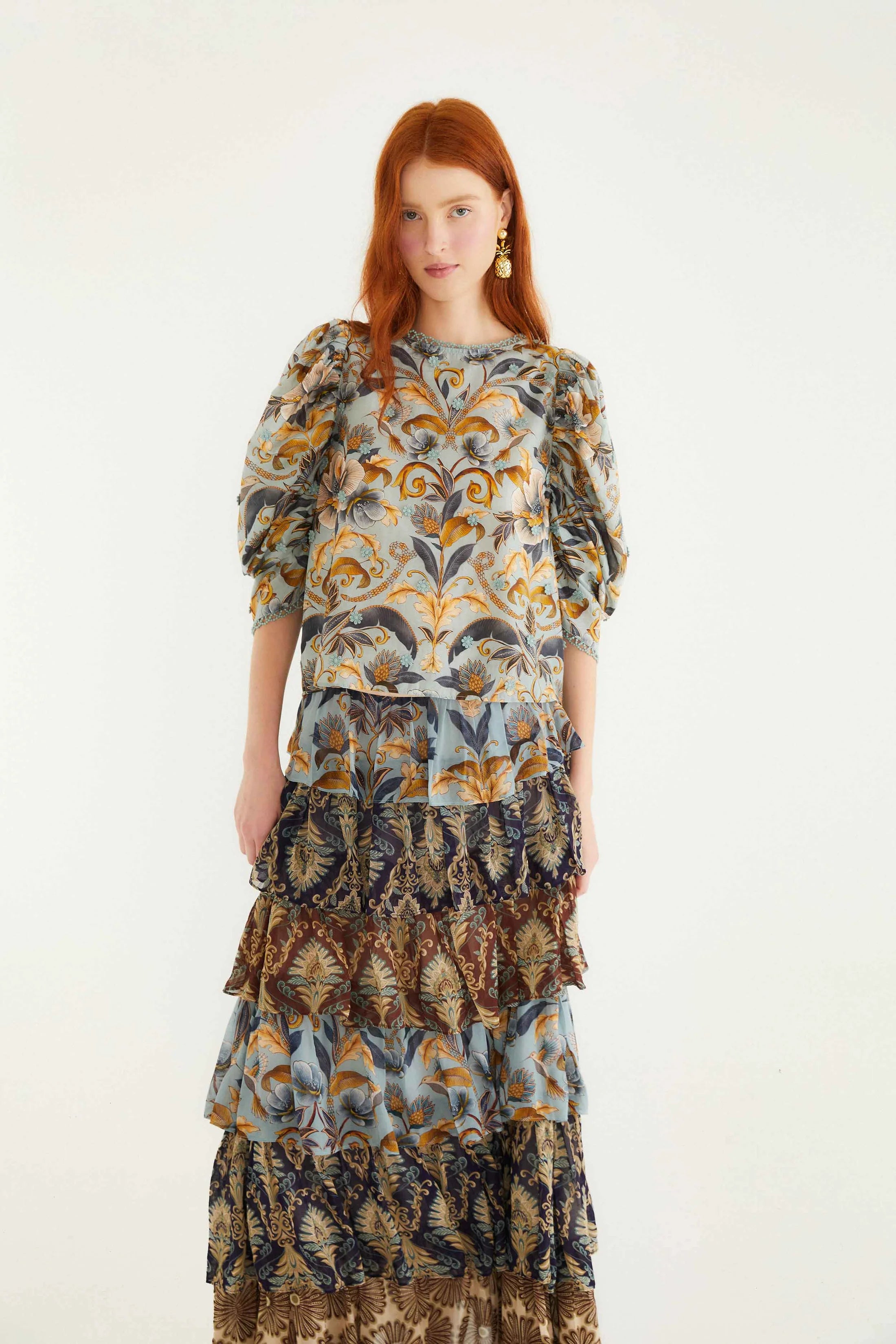 Mixed Scarf Ruffled Maxi Skirt