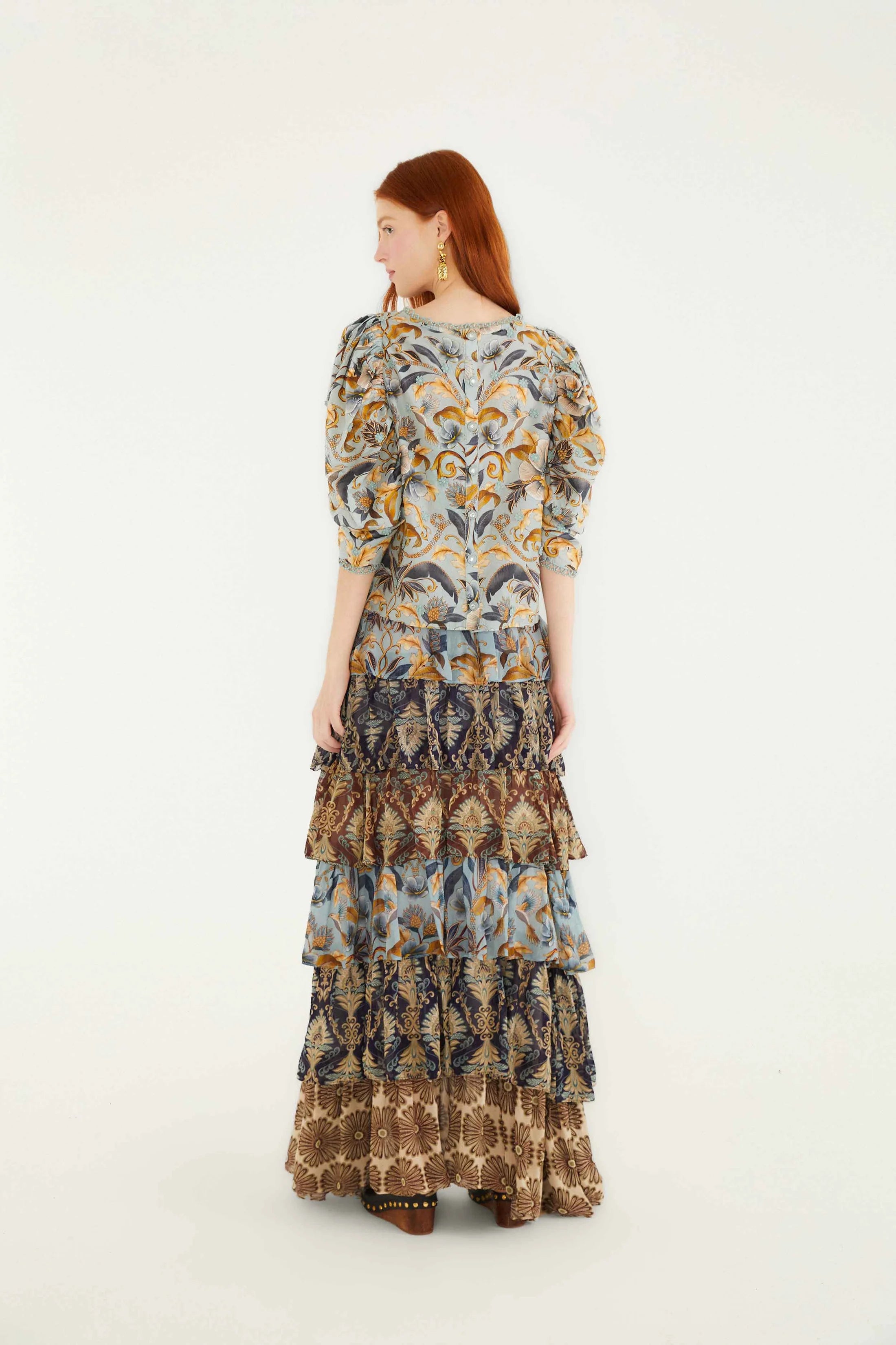 Mixed Scarf Ruffled Maxi Skirt