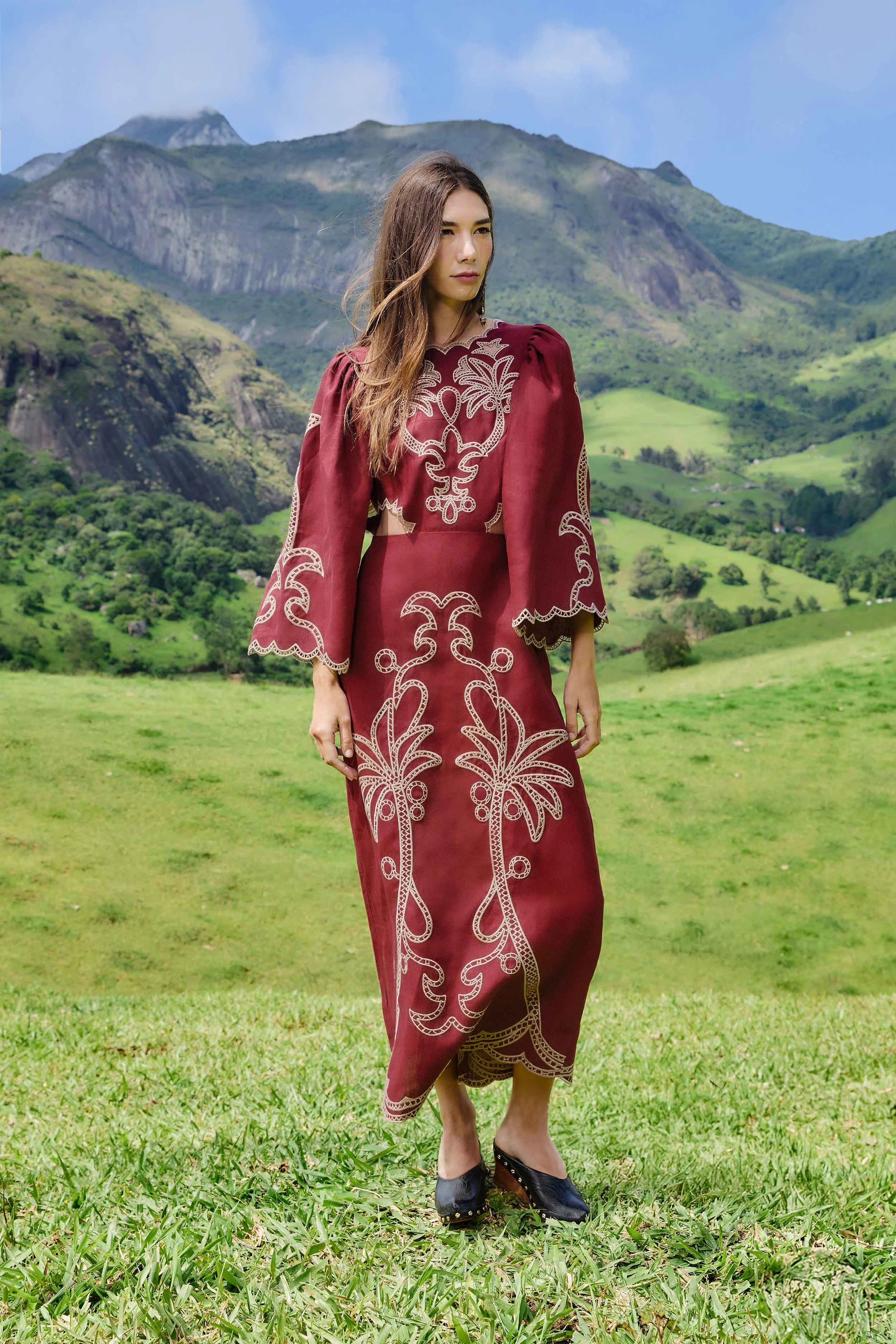 Red Artisanal Cut-Out Embroidered Maxi Dress