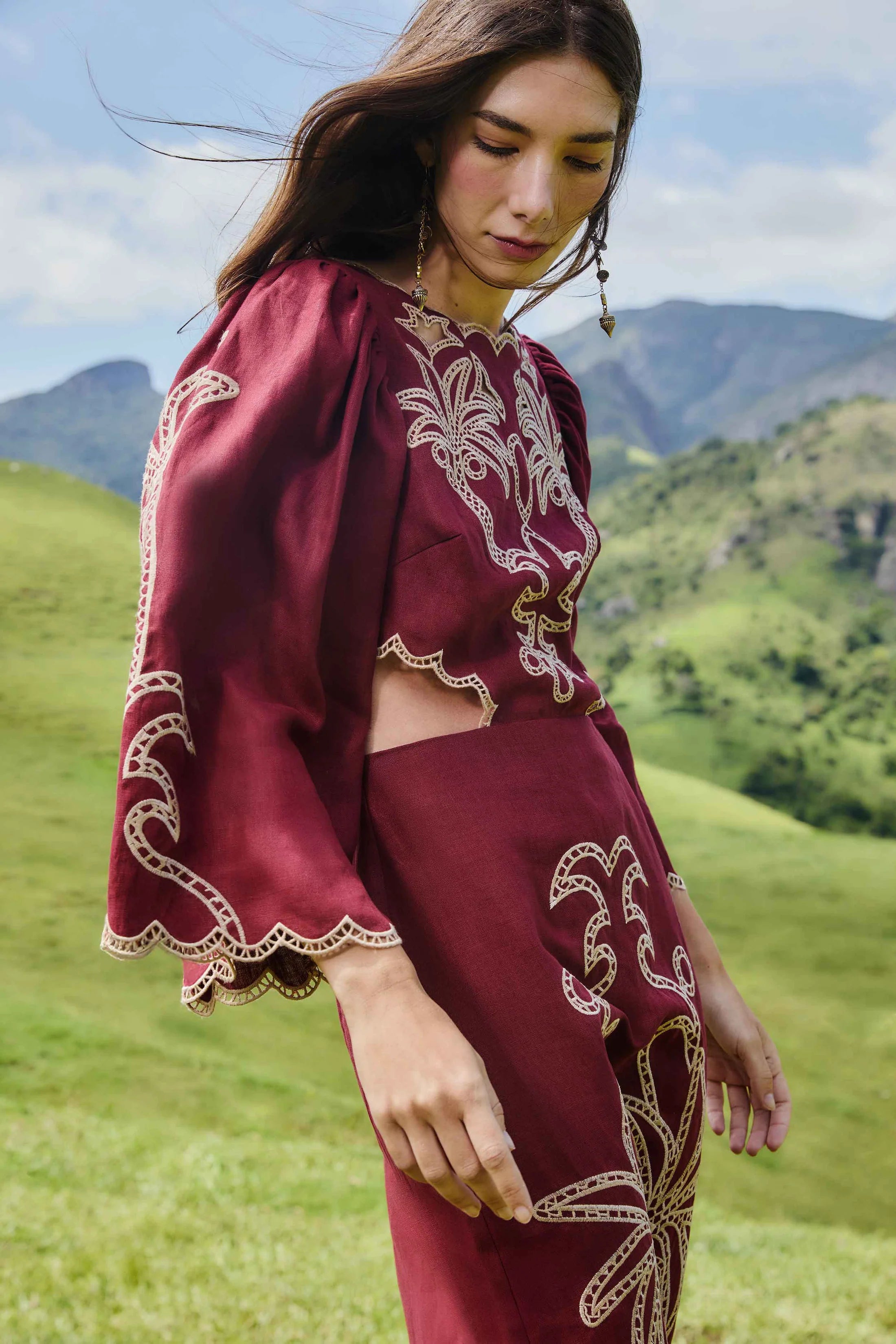 Red Artisanal Cut-Out Embroidered Maxi Dress