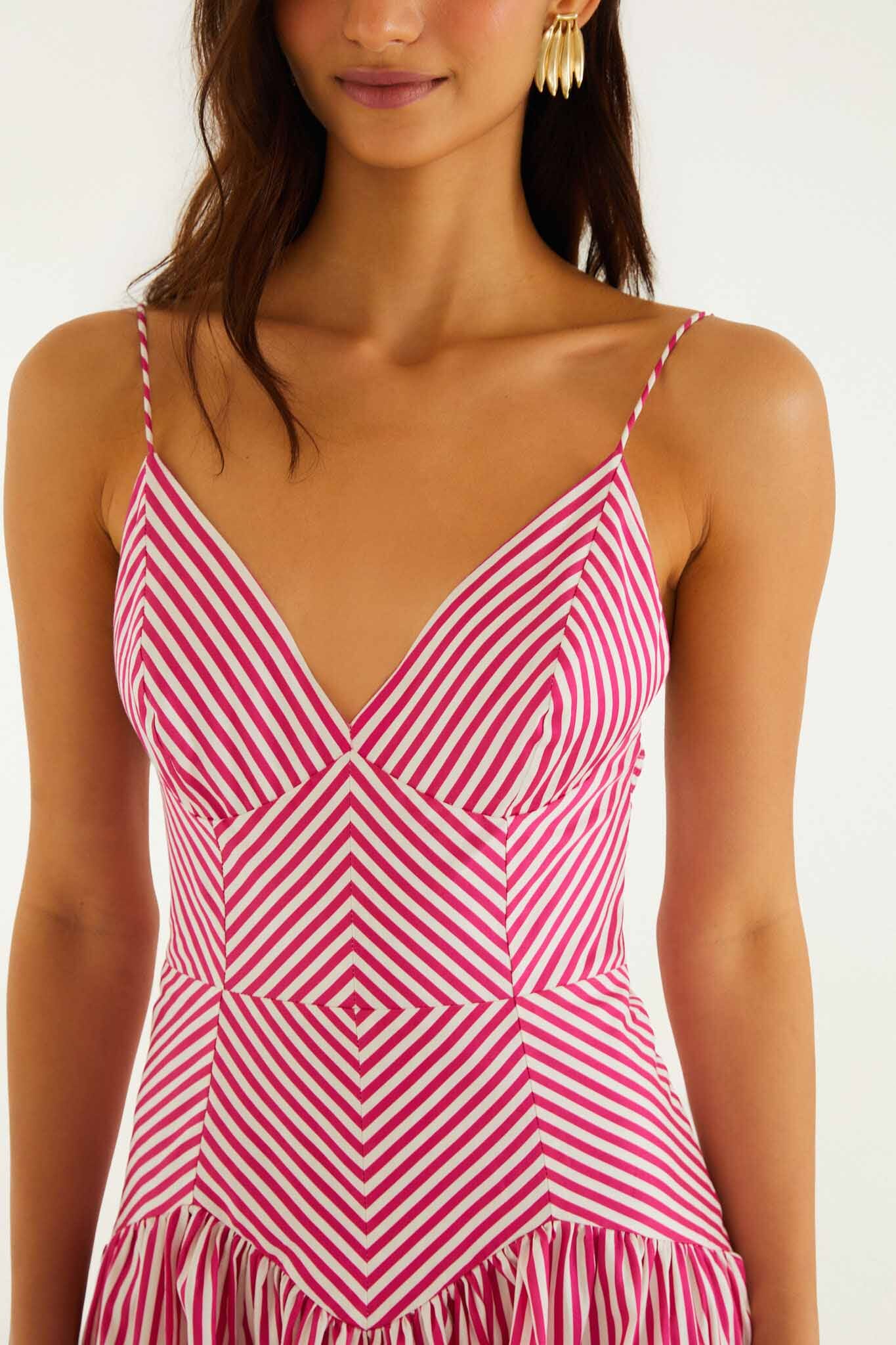 Red Palm Tree Stripes Cutwork Organic Cotton Midi Dress
