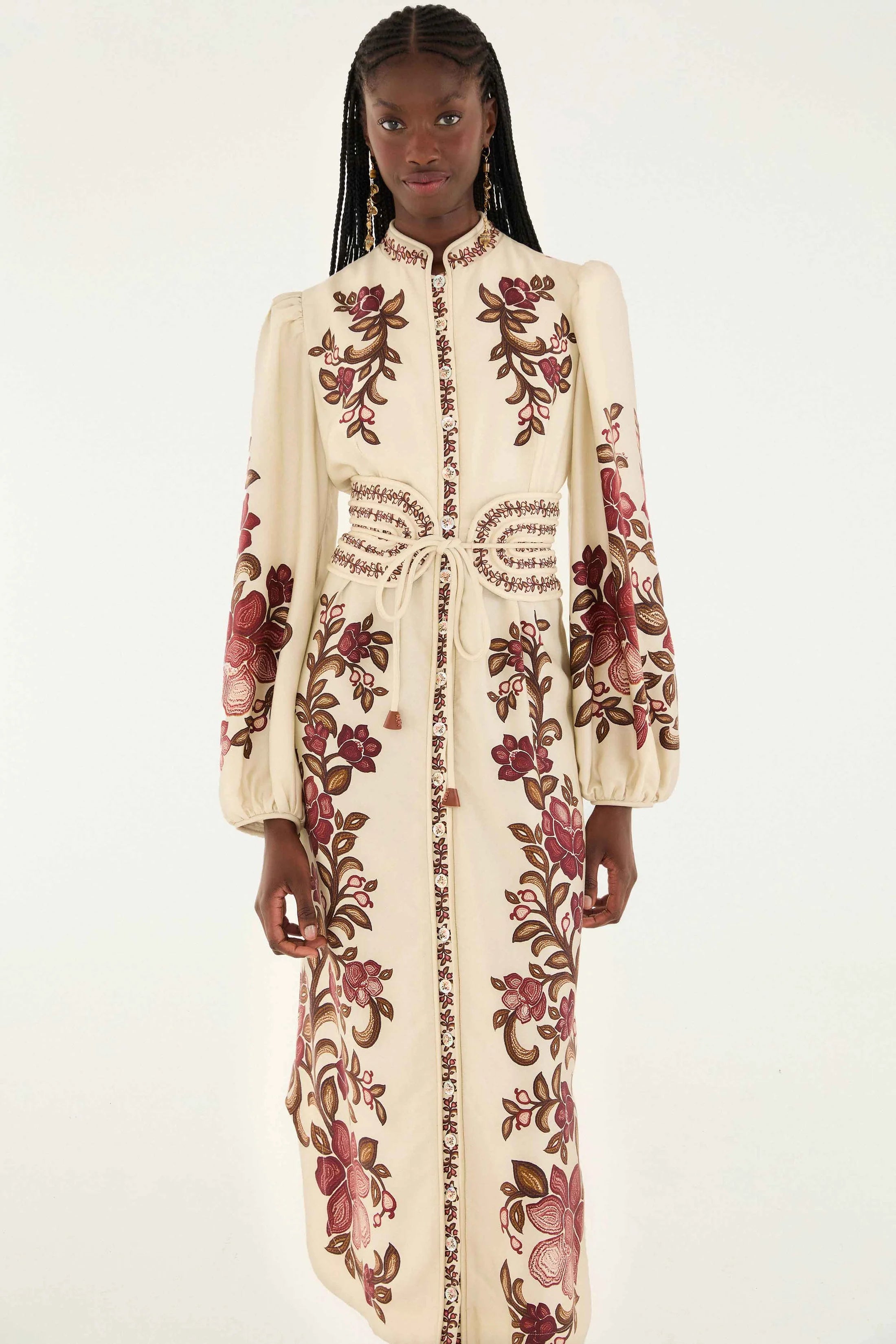 Renata Floral Sand Long Sleeve Midi Dress