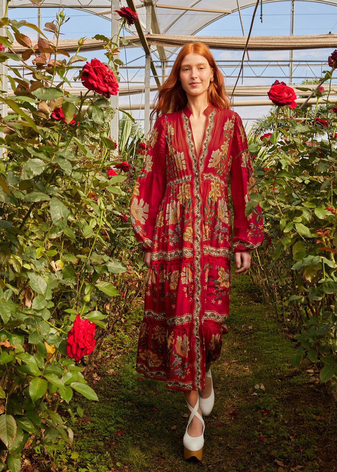Garden Delight Red Long Sleeve Midi Dress Garden Delight Red Long Sleeve Midi Dress