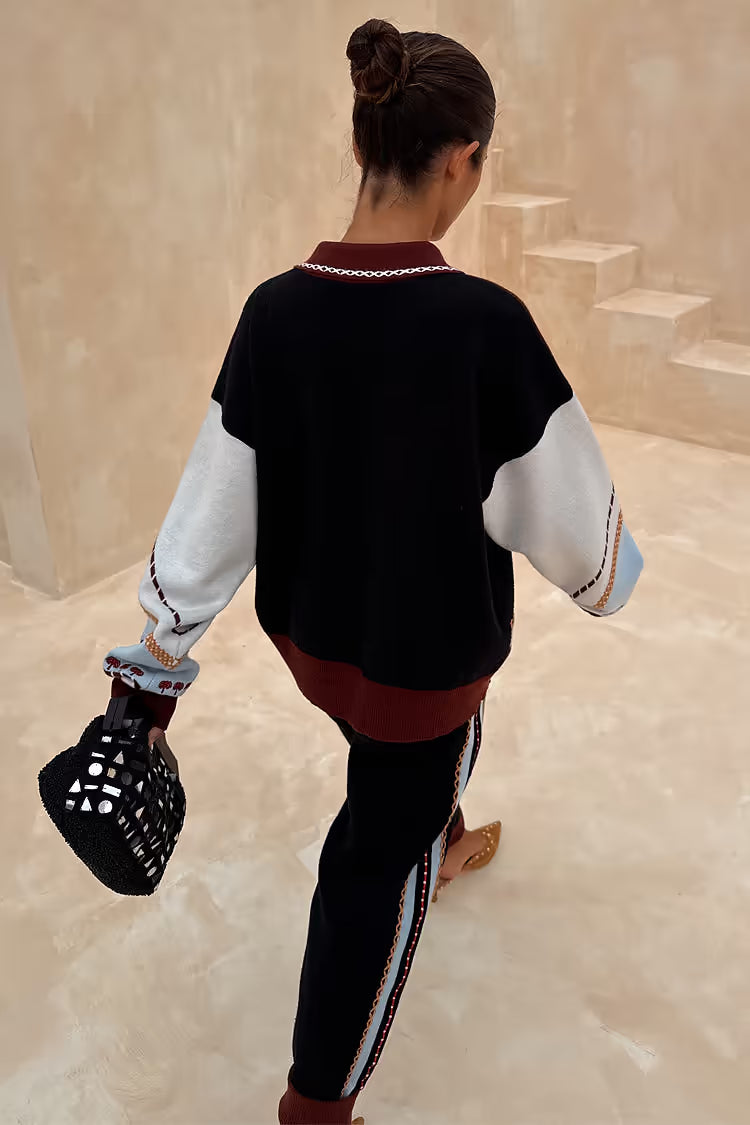 Geometric Knit Bomber with Embroidery Detail