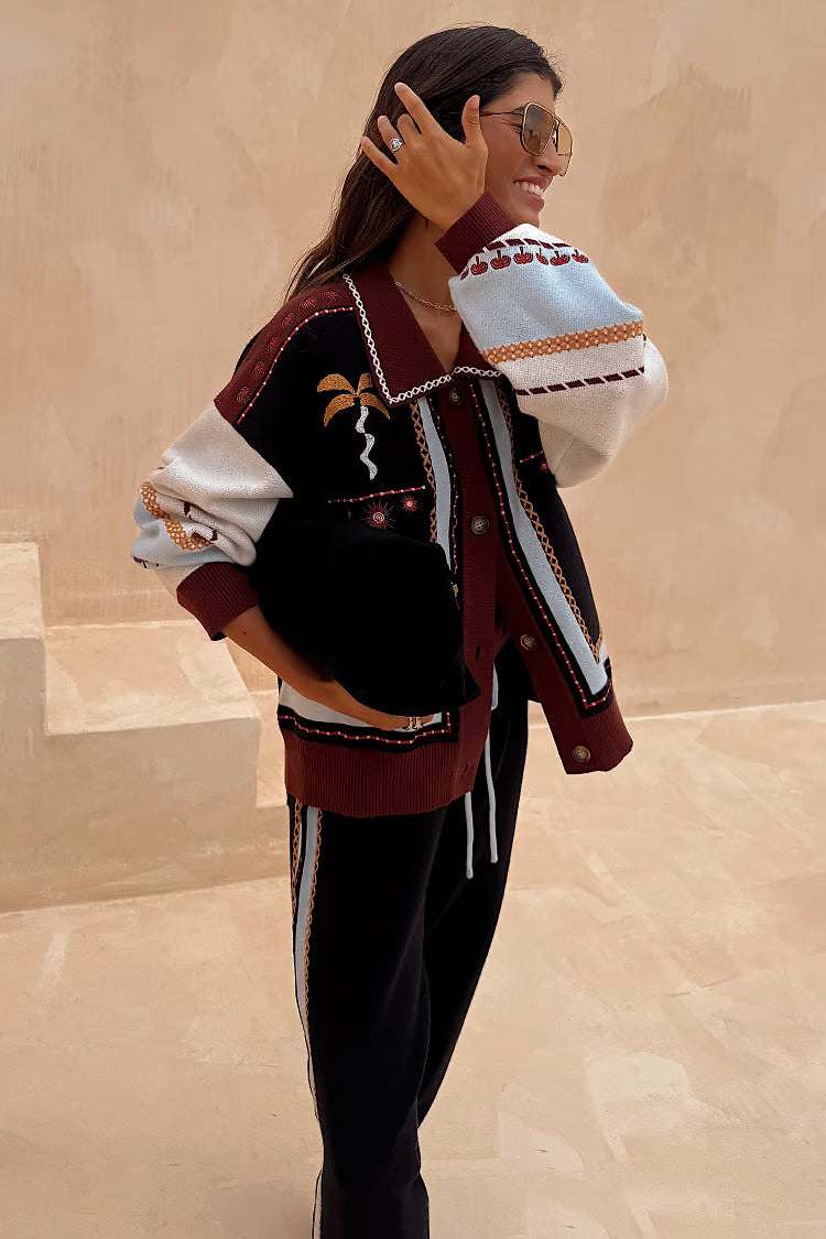 Geometric Knit Bomber with Embroidery Detail