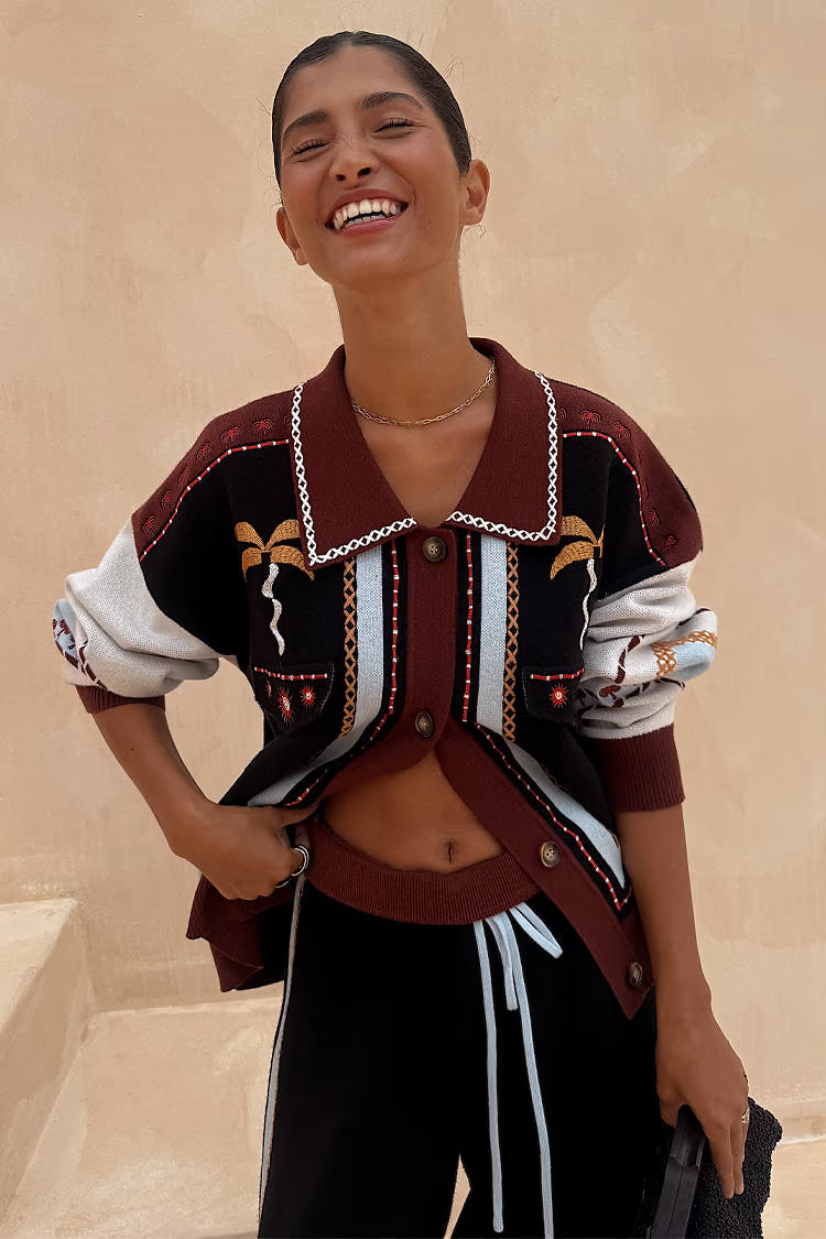 Geometric Knit Bomber with Embroidery Detail