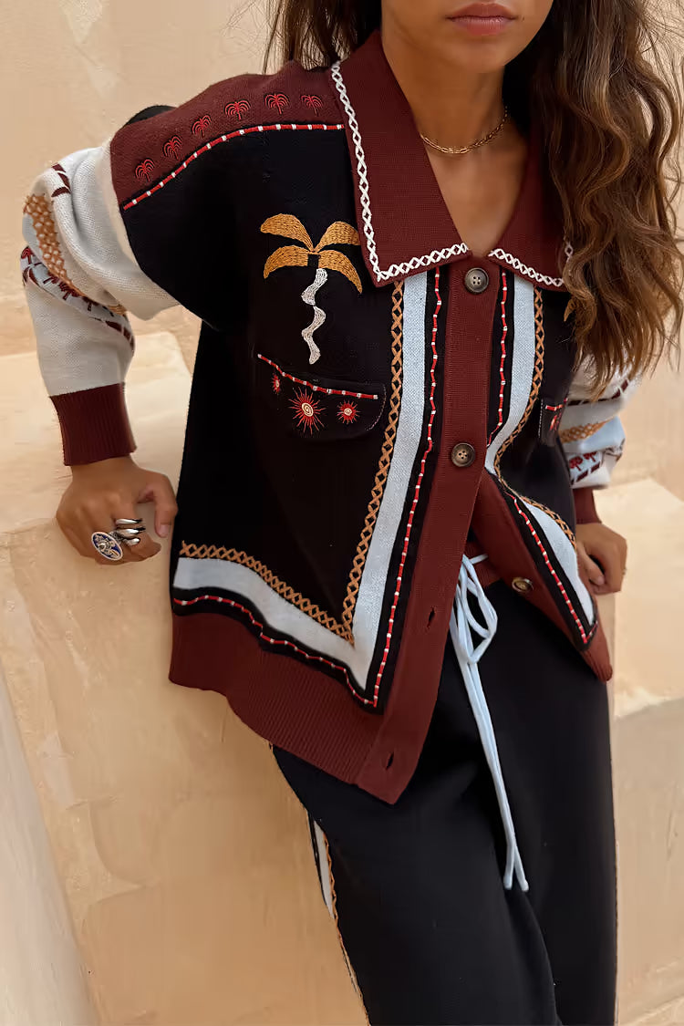 Geometric Knit Bomber with Embroidery Detail