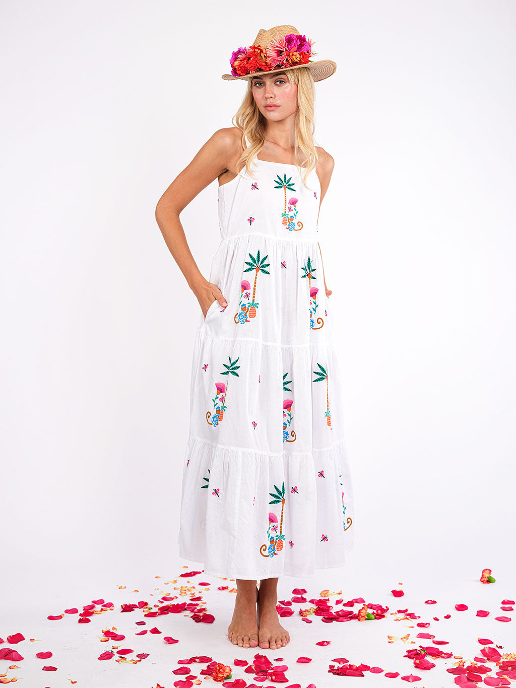 Cornflower White/Monkey Embroidery Dress