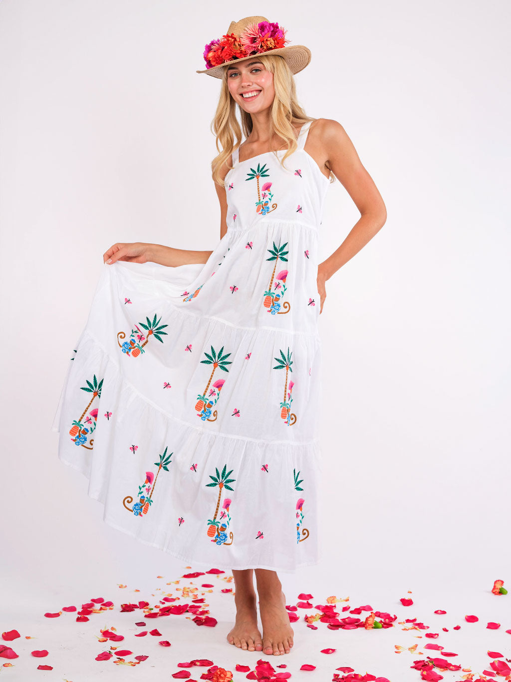 Cornflower White/Monkey Embroidery Dress