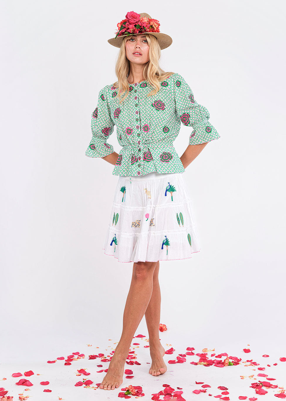 Yerba Buena Dotty Emerald Peony Embroidery Blouse