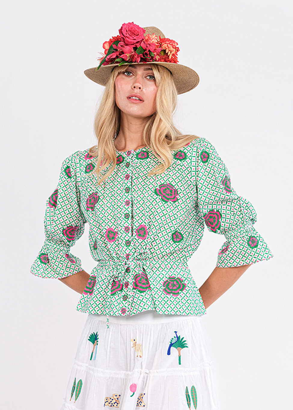 Yerba Buena Dotty Emerald Peony Embroidery Blouse