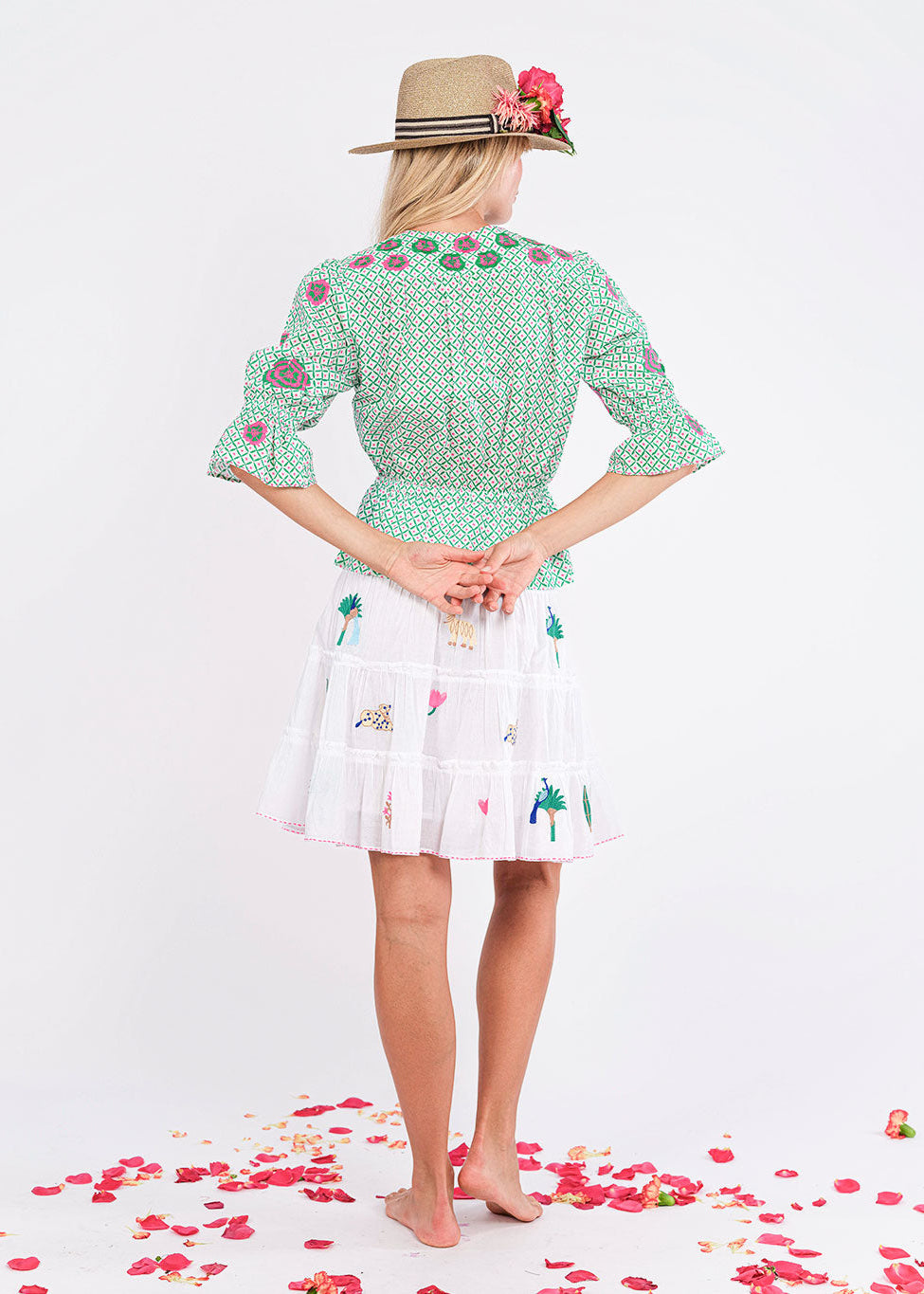 Yerba Buena Dotty Emerald Peony Embroidery Blouse