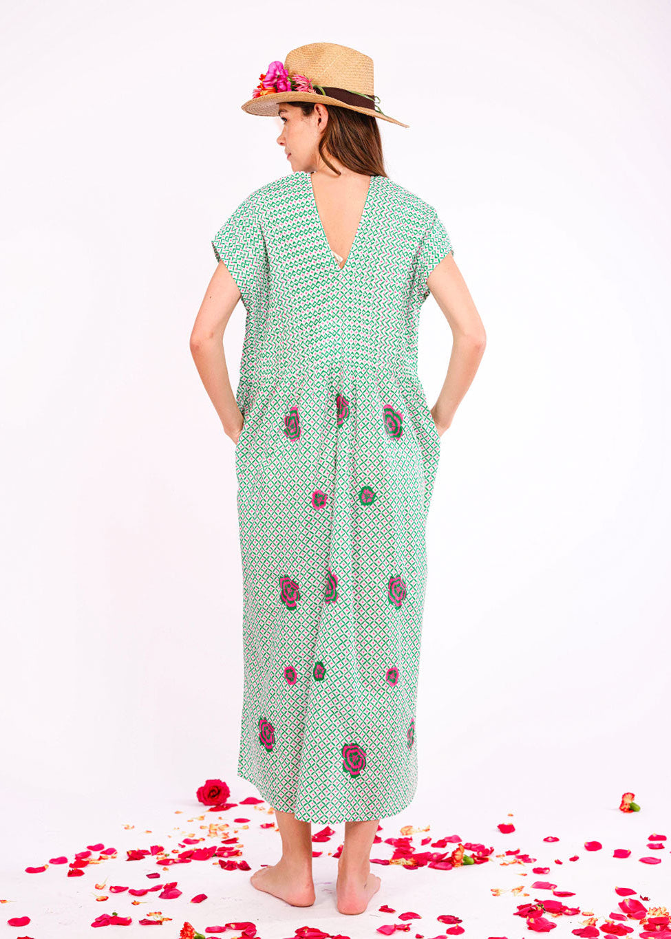 Sea Cale Dotty Emerald Peony Embroidery Dress