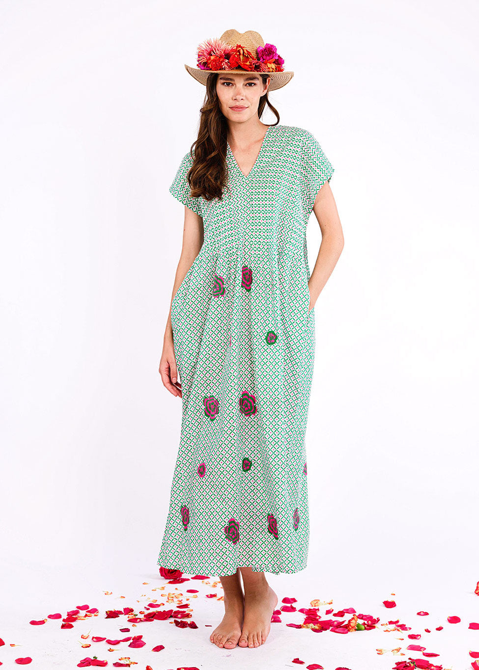 Sea Cale Dotty Emerald Peony Embroidery Dress