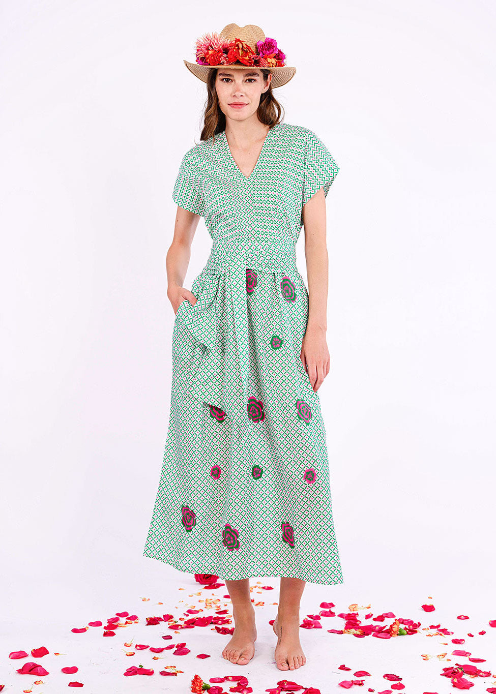 Sea Cale Dotty Emerald Peony Embroidery Dress