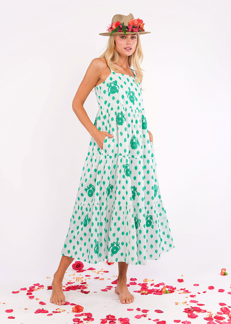 Cornflower Emerald Dots Bird Embroidery Dress